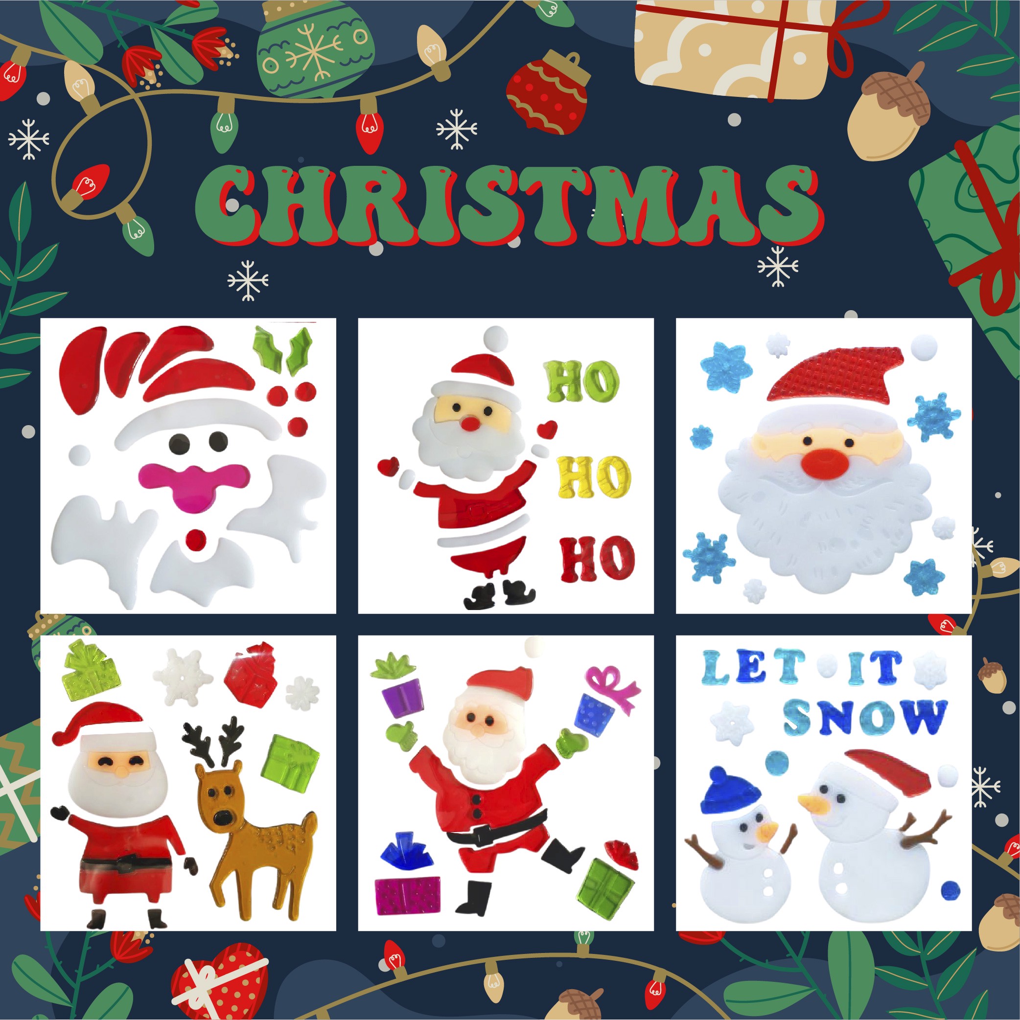 Christmas Gel Window Clings - Xmas Santa Claus Snowman Snowflake Penguin Christmas Tree Gift Window Stickers for Kids