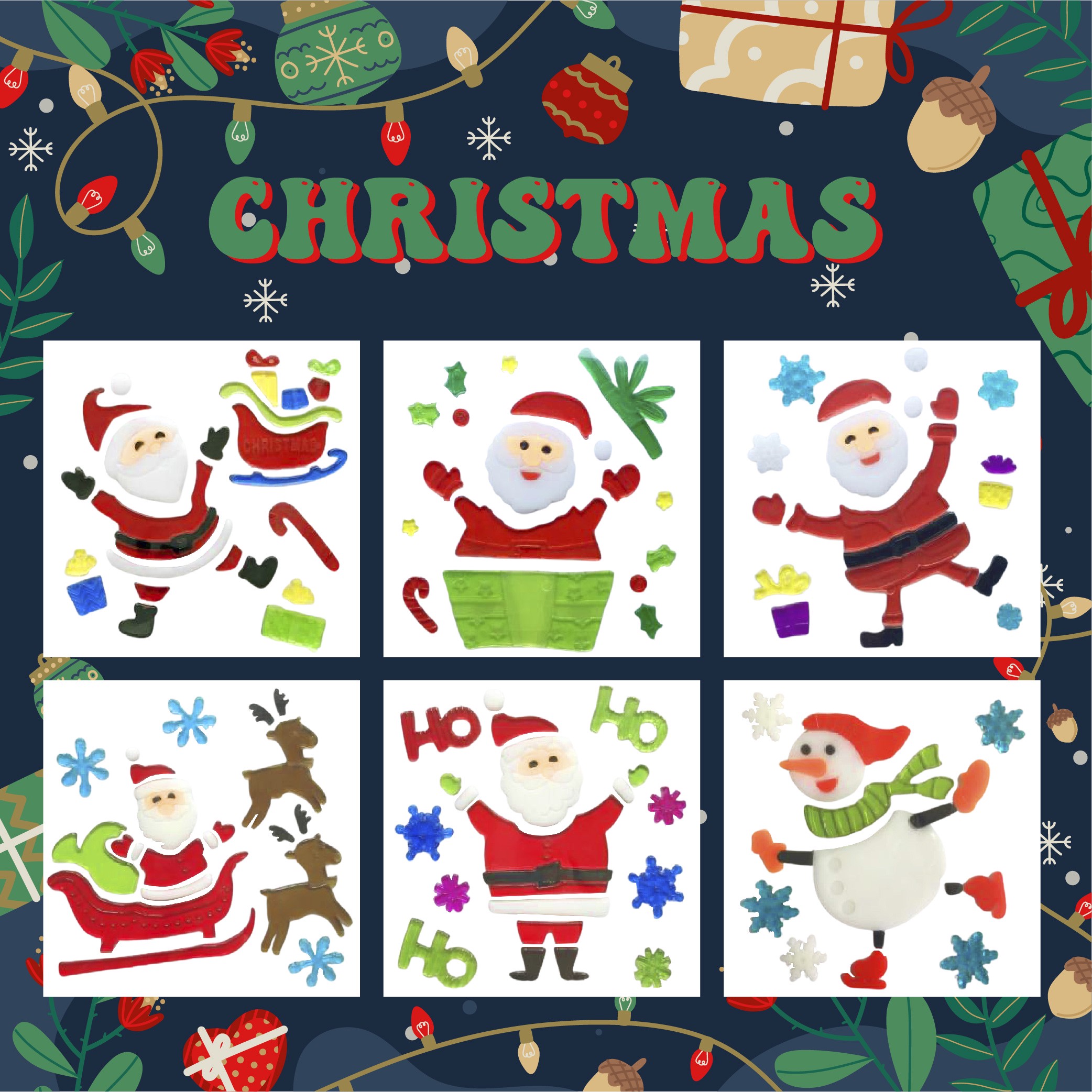 Christmas Gel Window Clings - Xmas Santa Claus Snowman Snowflake Penguin Christmas Tree Gift Window Stickers for Kids
