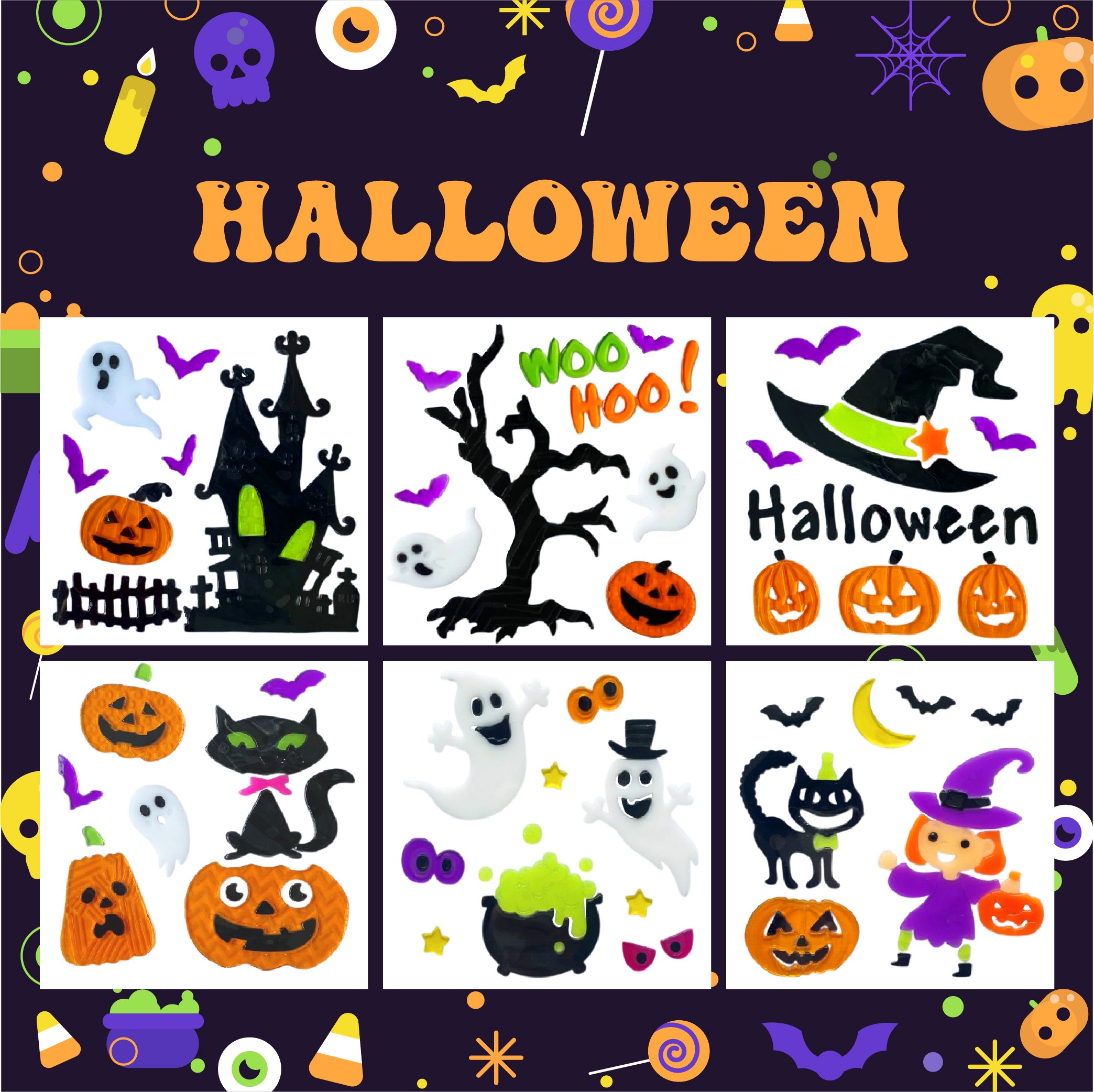 Halloween Window Gel Clings Ghost Pumpkin Bat Witch Cat Boo Blood Decal Stickers for Halloween Home Party Window Decorations
