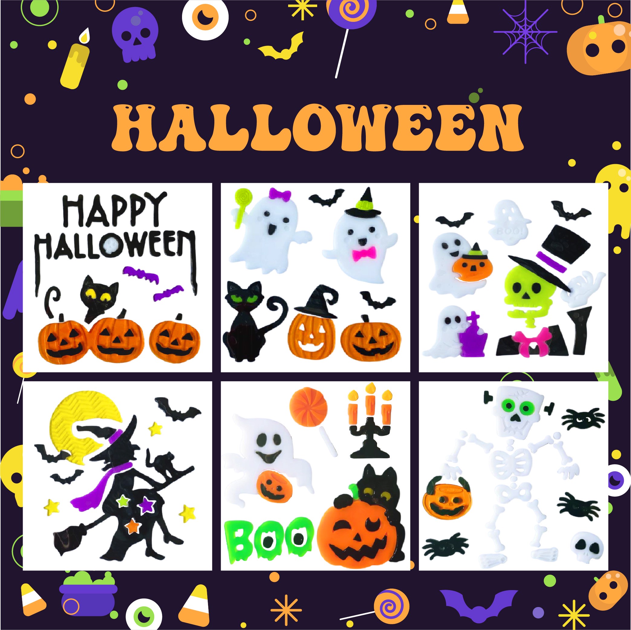 Halloween Window Gel Clings Ghost Pumpkin Bat Witch Cat Boo Blood Decal Stickers for Halloween Home Party Window Decorations