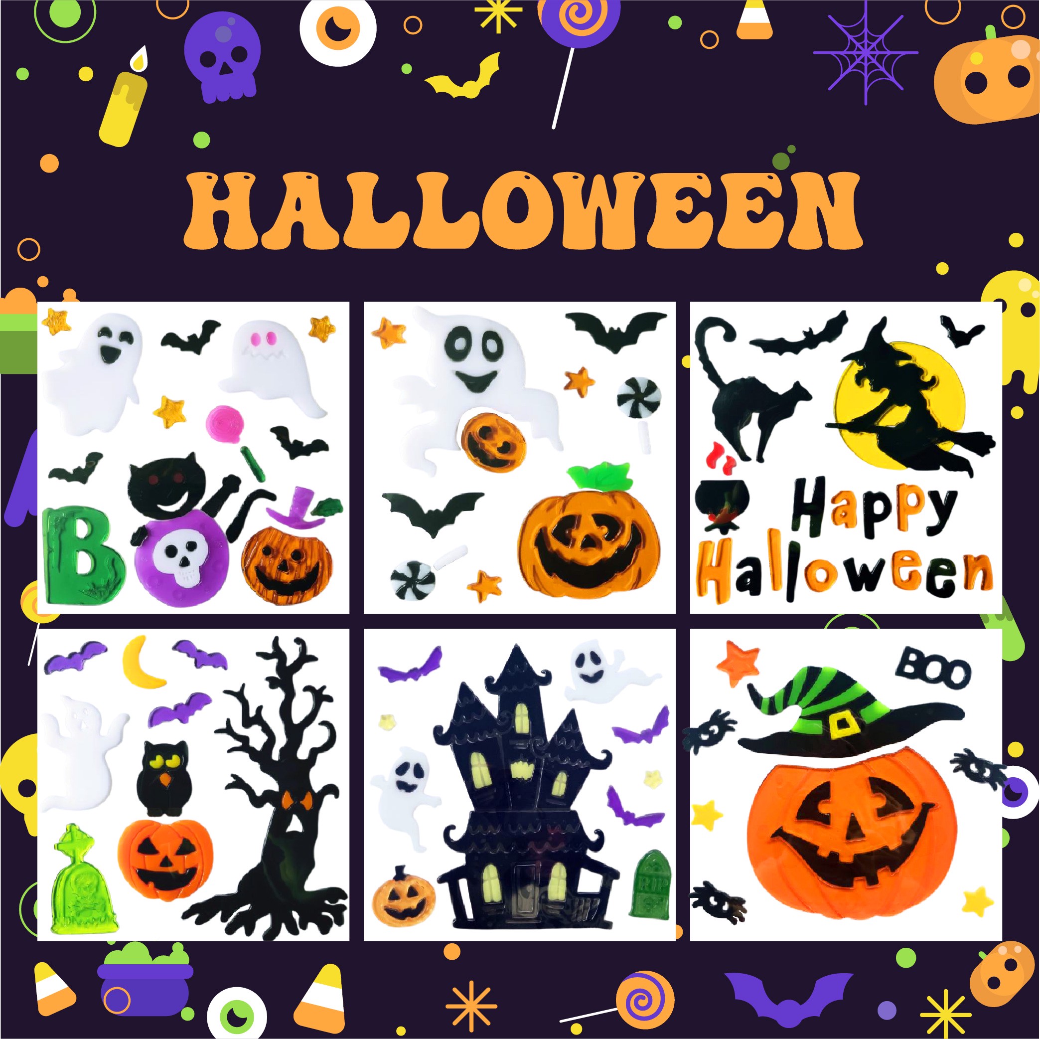 Halloween Window Gel Clings Ghost Pumpkin Bat Witch Cat Boo Blood Decal Stickers for Halloween Home Party Window Decorations