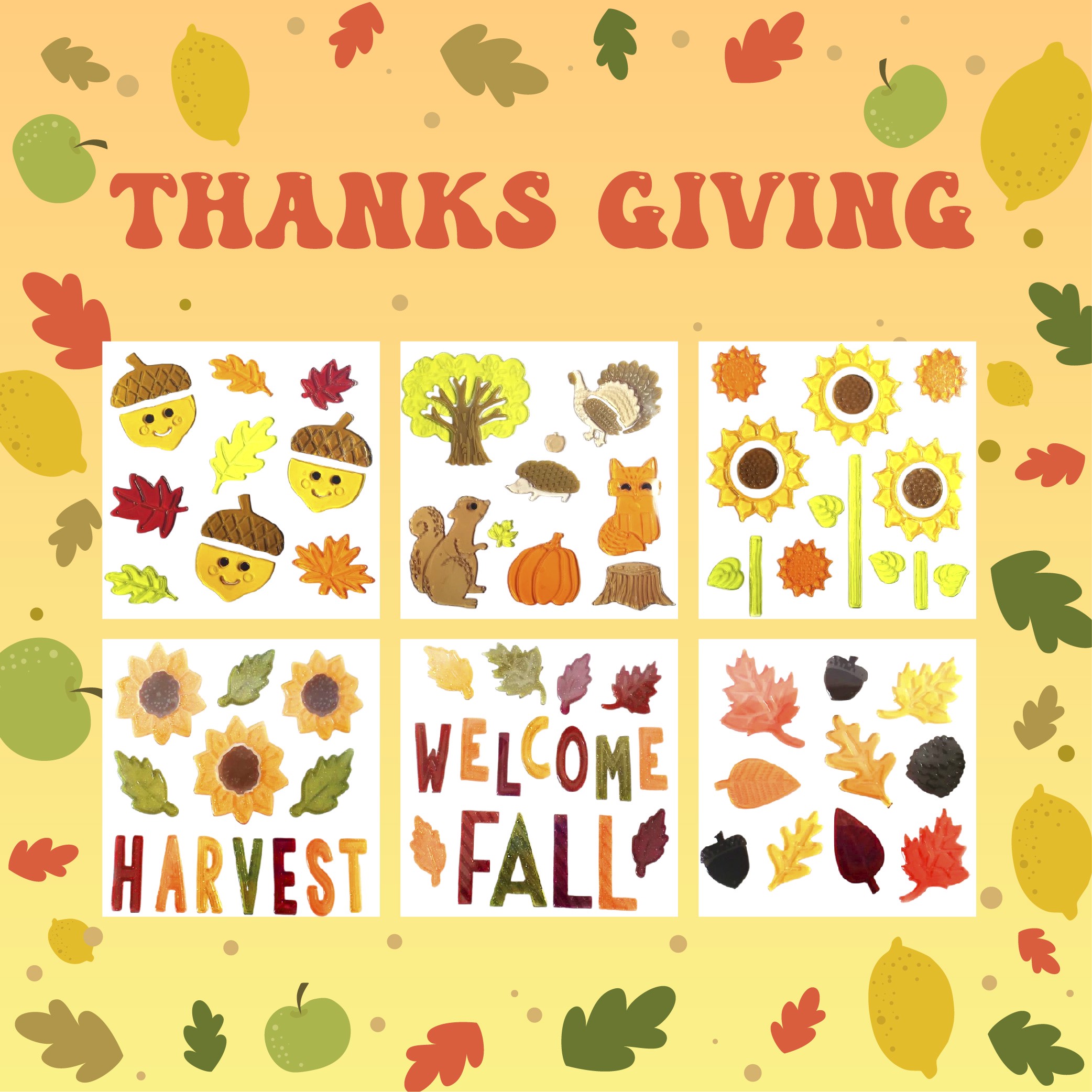 6 Sheets Fall Gel Window Clings for Glass Windows, FallThanksgiving Clings Gel Stickers,Hello Fall Leaves,Pumpkin for Autumn Holiday Window Decor