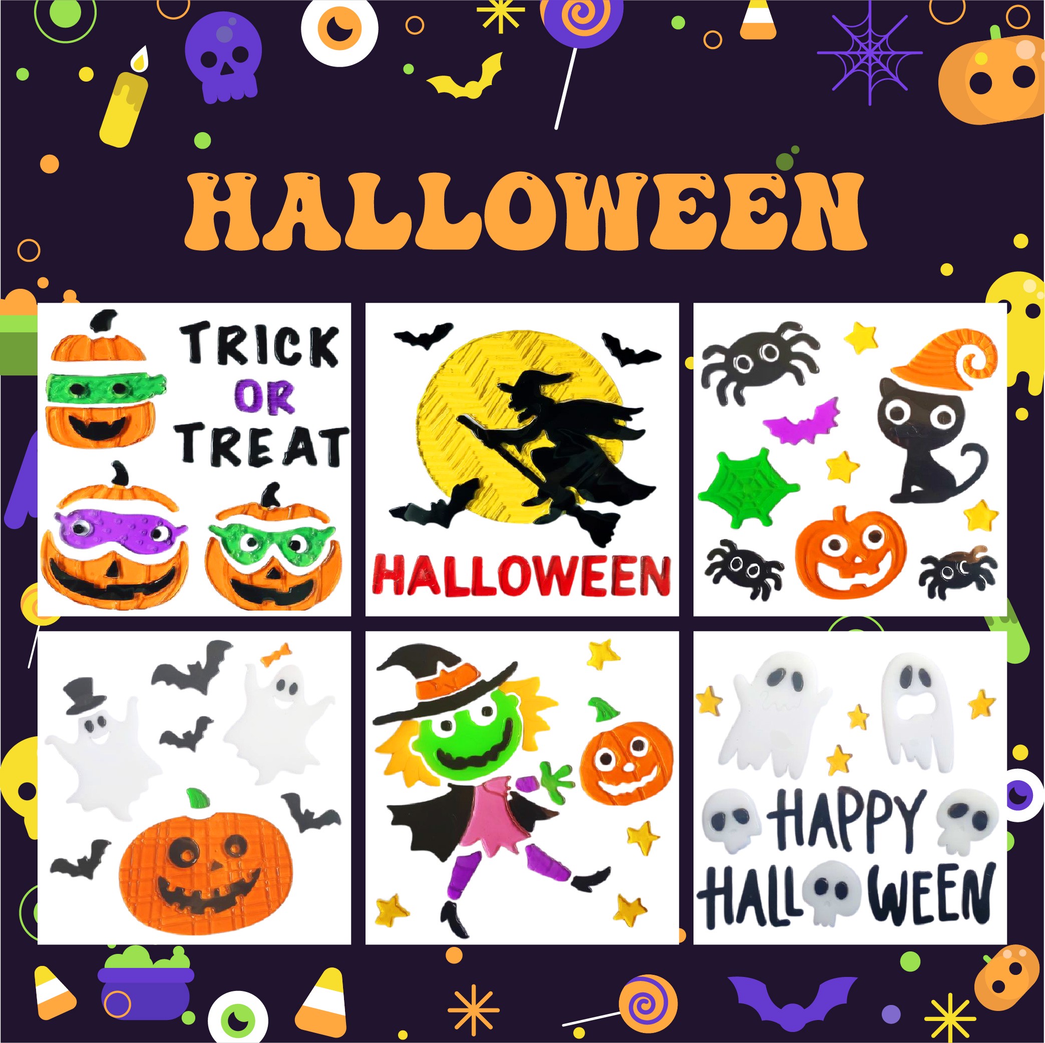 Halloween Window Gel Clings Ghost Pumpkin Bat Witch Cat Boo Blood Decal Stickers for Halloween Home Party Window Decorations