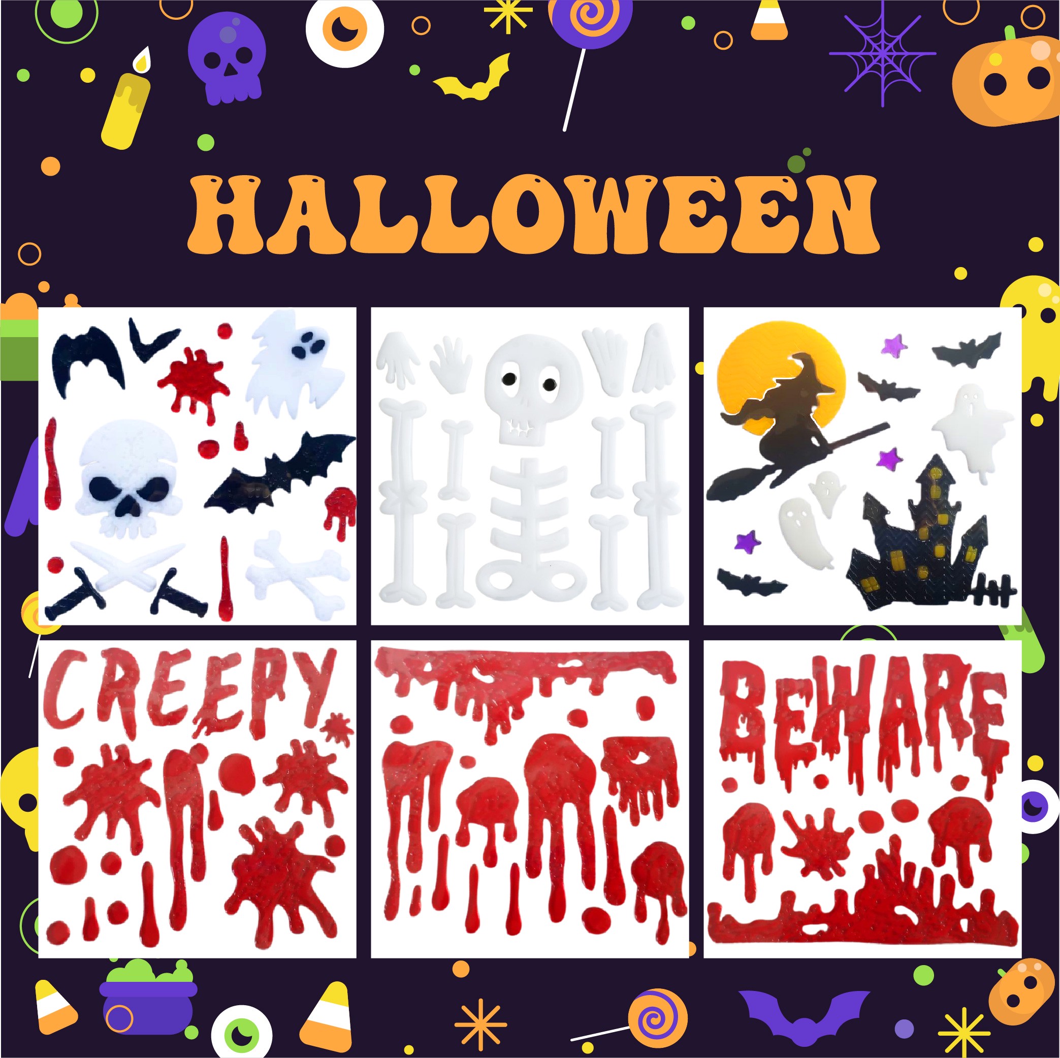 Halloween Window Gel Clings Ghost Pumpkin Bat Witch Cat Boo Blood Decal Stickers for Halloween Home Party Window Decorations