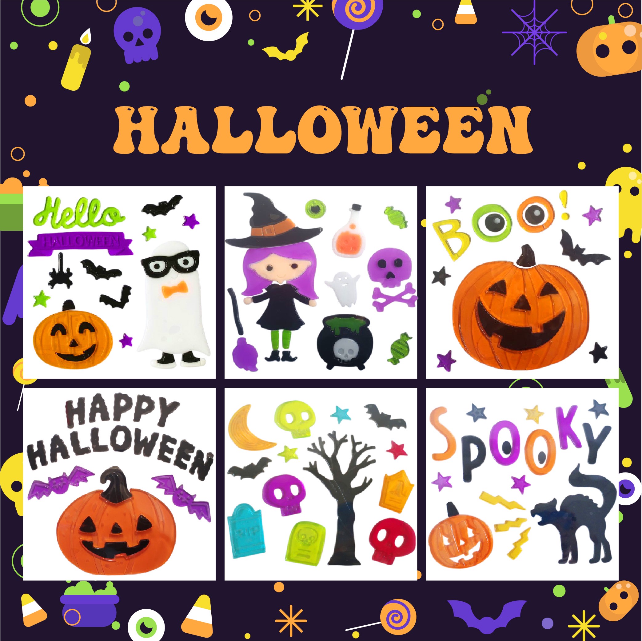 Halloween Window Gel Clings Ghost Pumpkin Bat Witch Cat Boo Blood Decal Stickers for Halloween Home Party Window Decorations