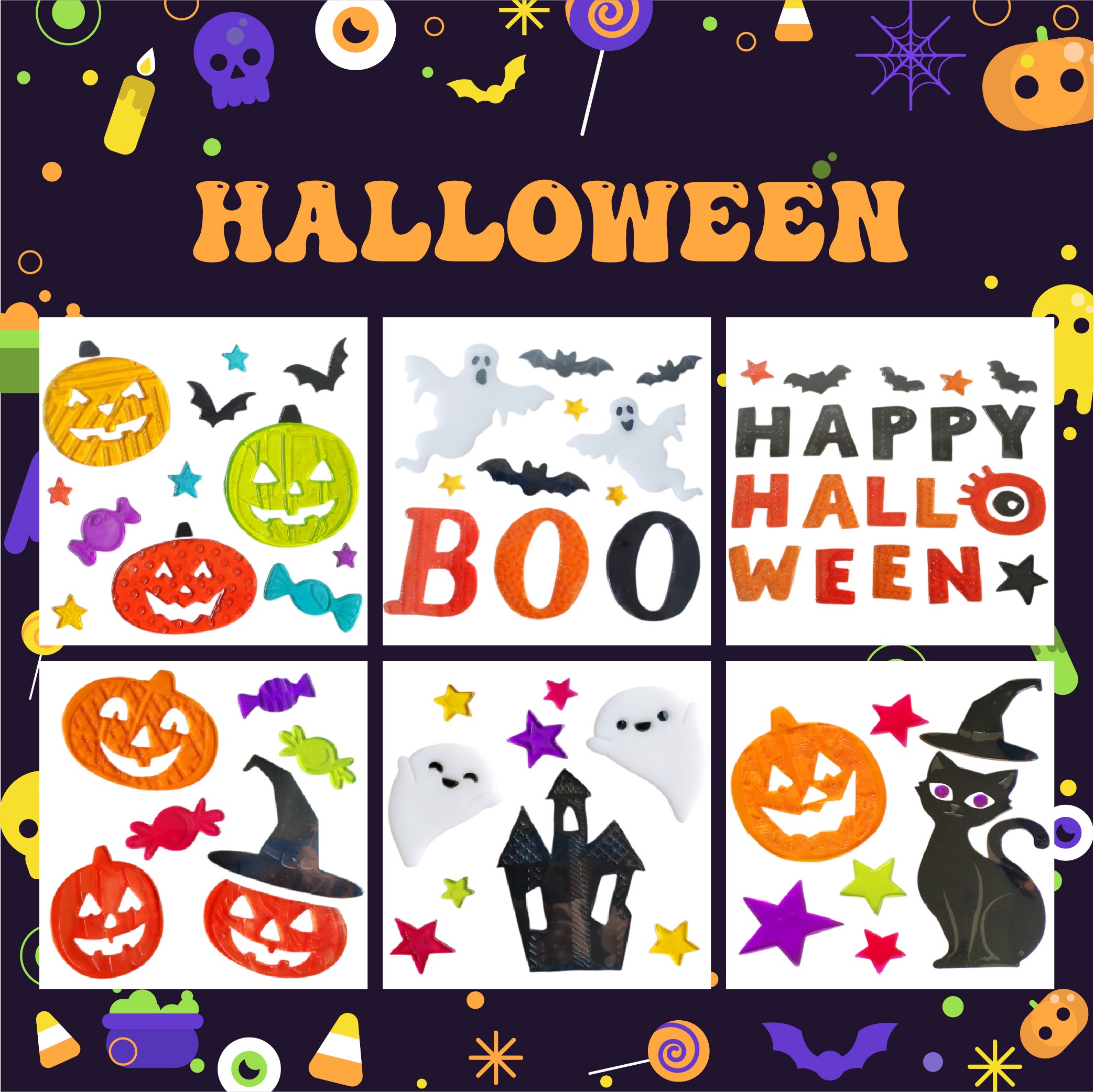 Halloween Window Gel Clings Ghost Pumpkin Bat Witch Cat Boo Blood Decal Stickers for Halloween Home Party Window Decorations