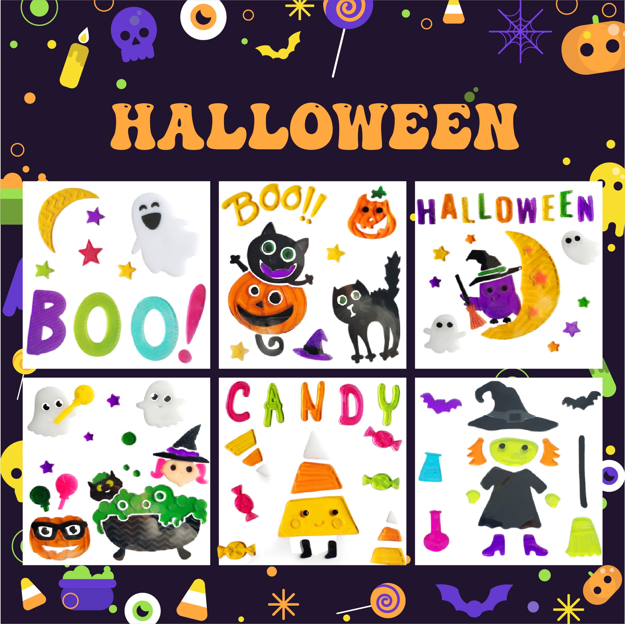 Halloween Window Gel Clings Ghost Pumpkin Bat Witch Cat Boo Blood Decal Stickers for Halloween Home Party Window Decorations