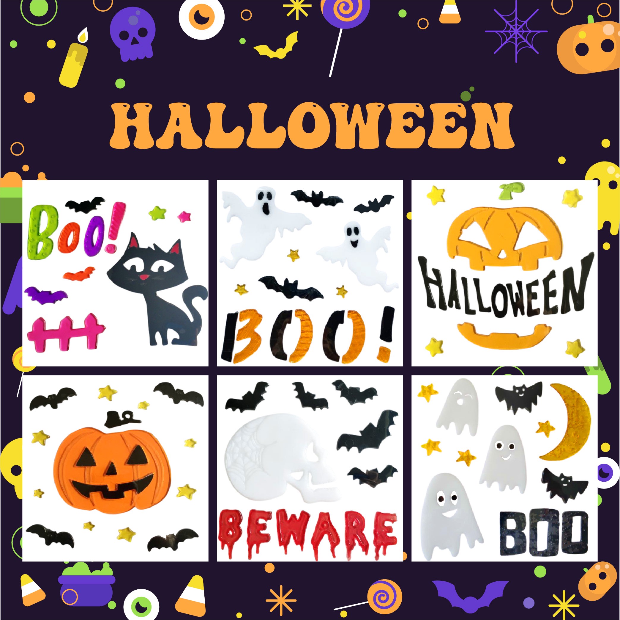 Halloween Window Gel Clings Ghost Pumpkin Bat Witch Cat Boo Blood Decal Stickers for Halloween Home Party Window Decorations