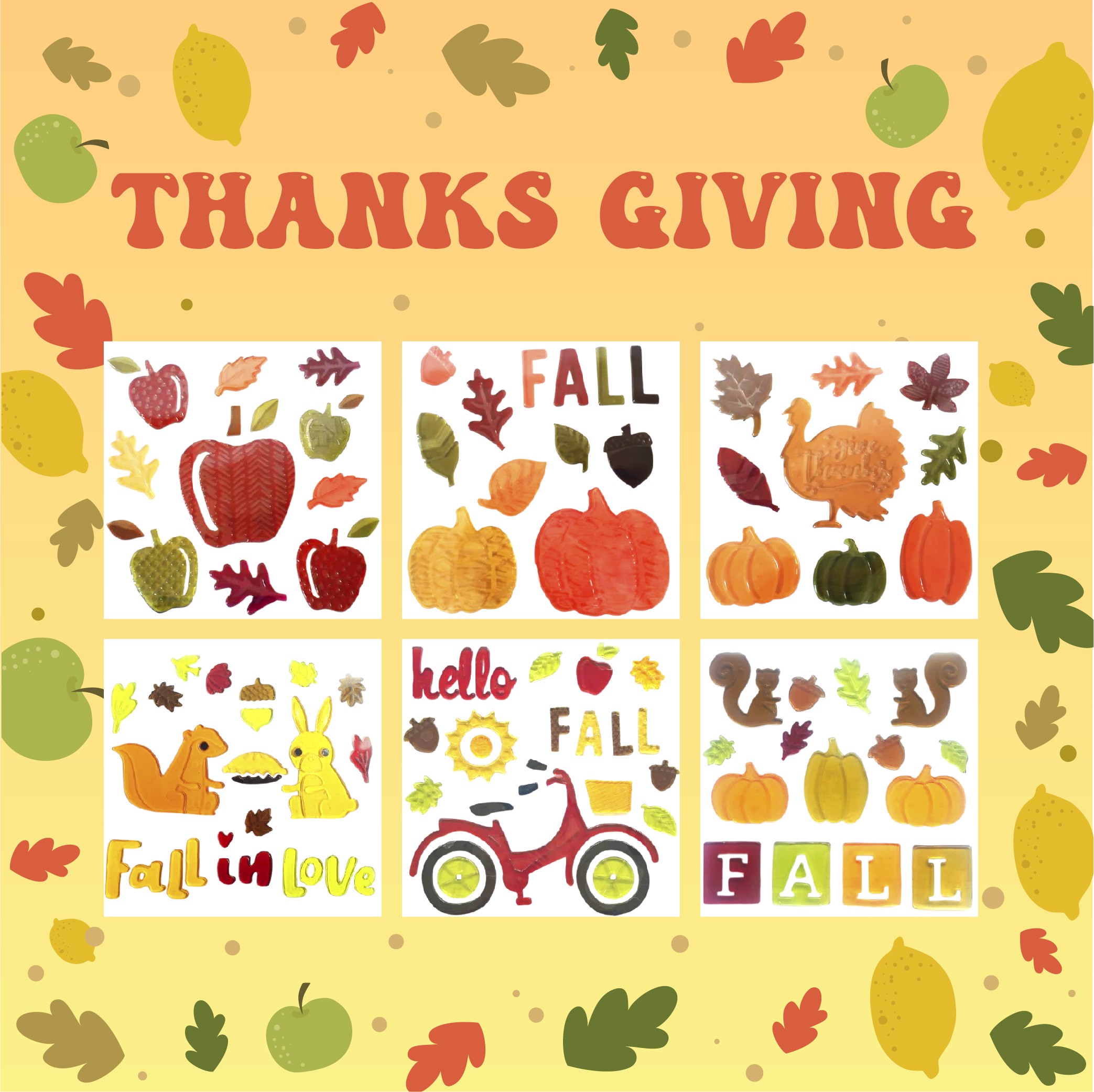 6 Sheets Fall Gel Window Clings for Glass Windows, FallThanksgiving Clings Gel Stickers,Hello Fall Leaves,Pumpkin for Autumn Holiday Window Decor