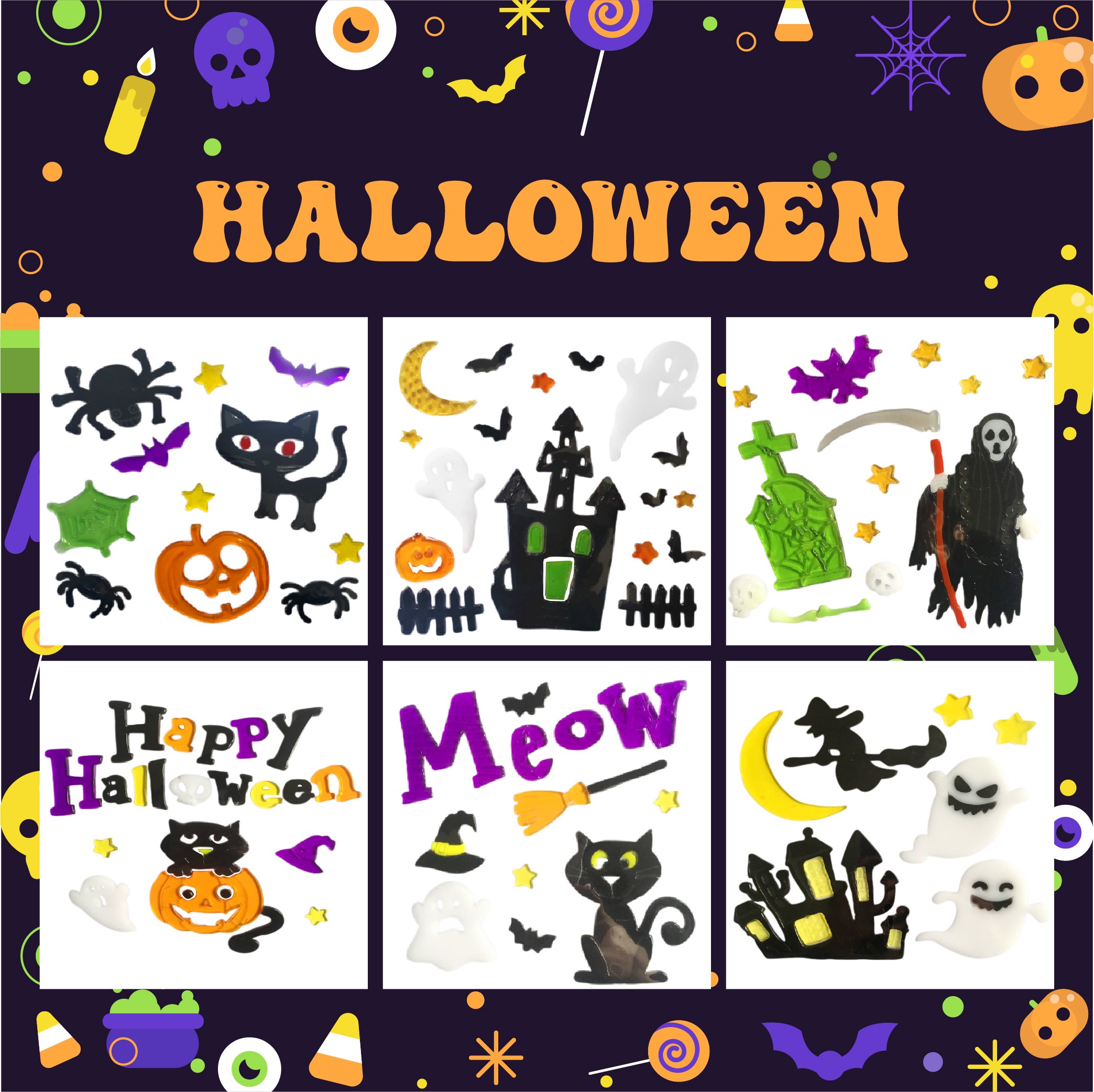 Halloween Window Gel Clings Ghost Pumpkin Bat Witch Cat Boo Blood Decal Stickers for Halloween Home Party Window Decorations