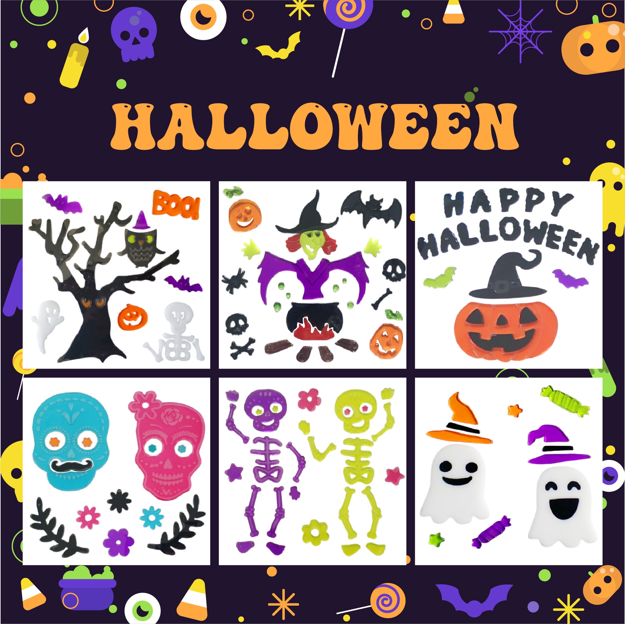 Halloween Window Gel Clings Ghost Pumpkin Bat Witch Cat Boo Blood Decal Stickers for Halloween Home Party Window Decorations