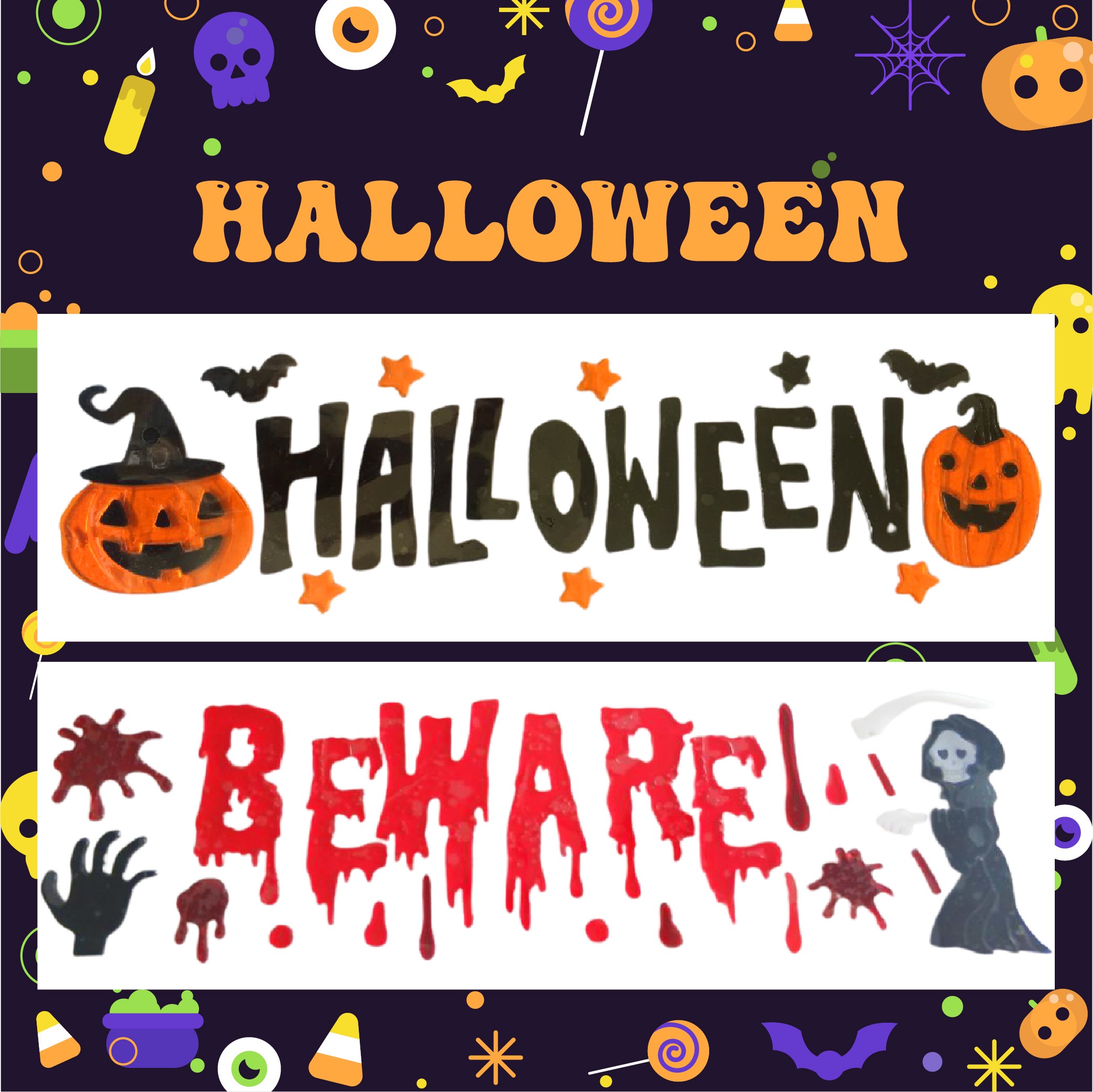 Halloween Window Gel Clings Ghost Pumpkin Bat Witch Cat Boo Blood Decal Stickers for Halloween Home Party Window Decorations