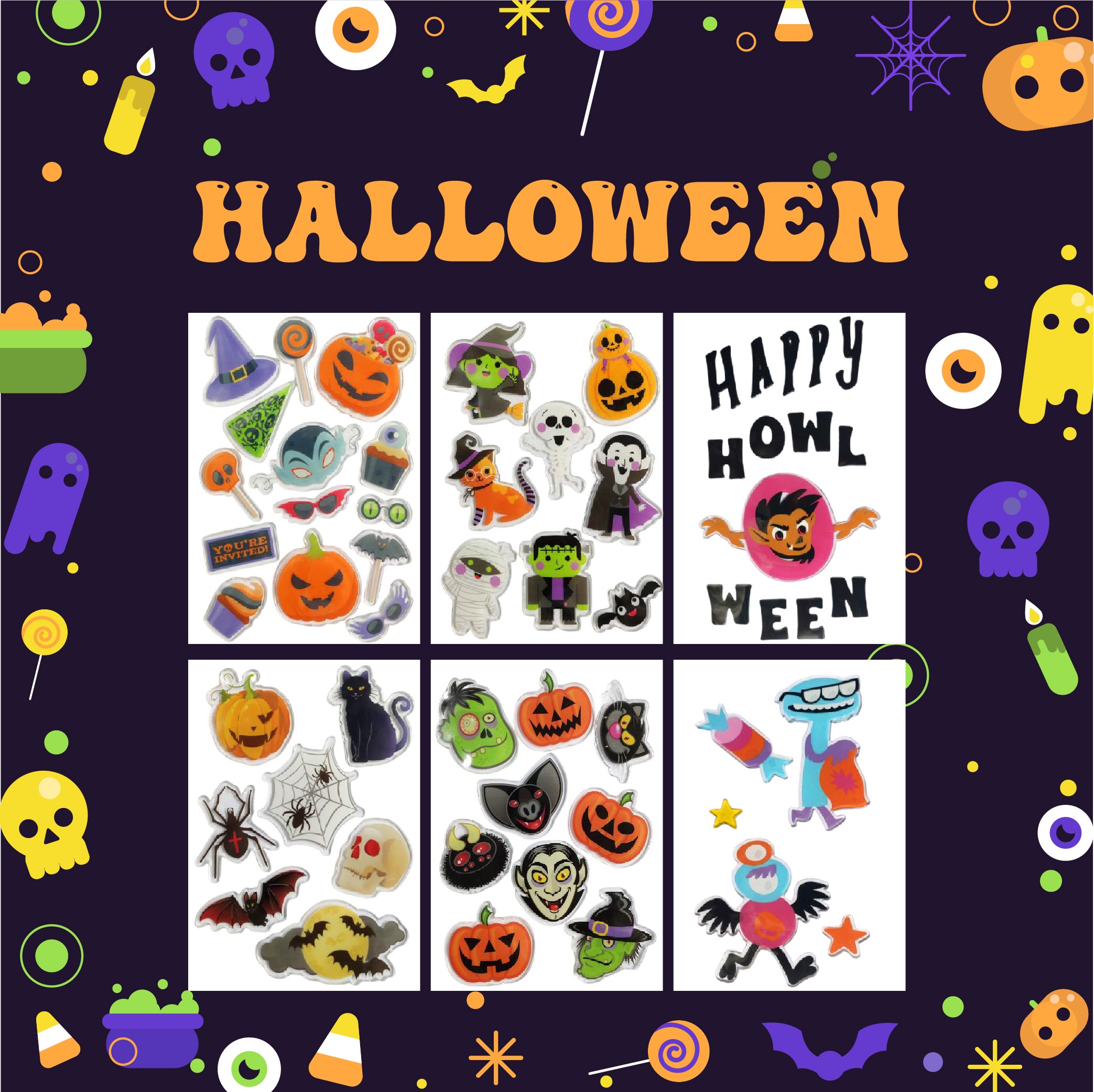 Halloween Window Gel Clings Ghost Pumpkin Bat Witch Cat Boo Blood Decal Stickers for Halloween Home Party Window Decorations