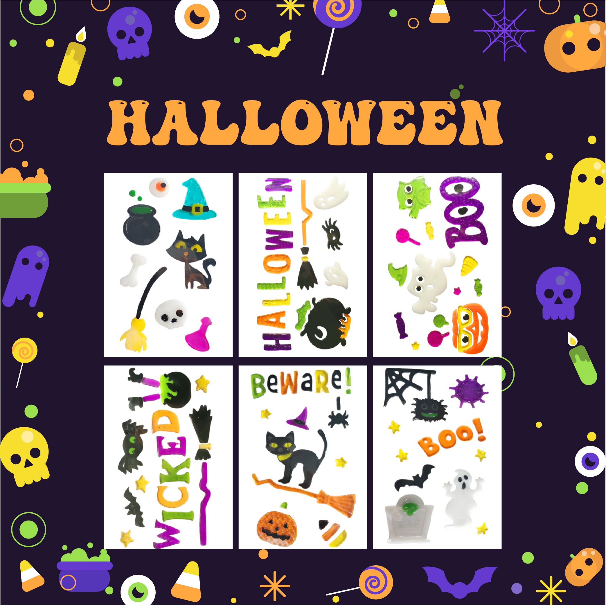 Halloween Window Gel Clings Ghost Pumpkin Bat Witch Cat Boo Blood Decal Stickers for Halloween Home Party Window Decorations