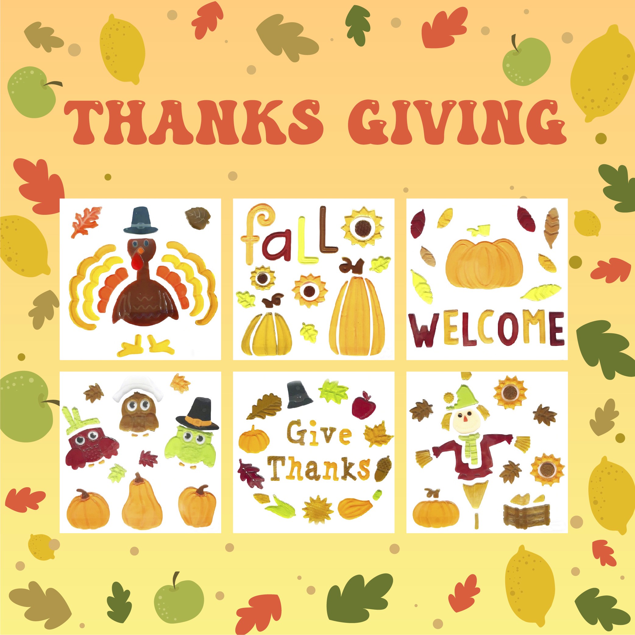 6 Sheets Fall Gel Window Clings for Glass Windows, FallThanksgiving Clings Gel Stickers,Hello Fall Leaves,Pumpkin for Autumn Holiday Window Decor