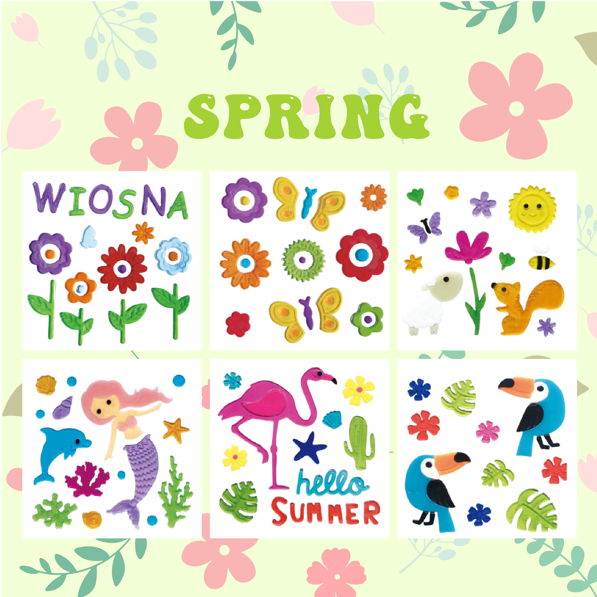 Spring Window Clings Gel, Jelly Window Stickers for Glass Refrigerators Home, Welcome Spring Window Decorations - Flowers Butterflies Bird, Kids‘ Love