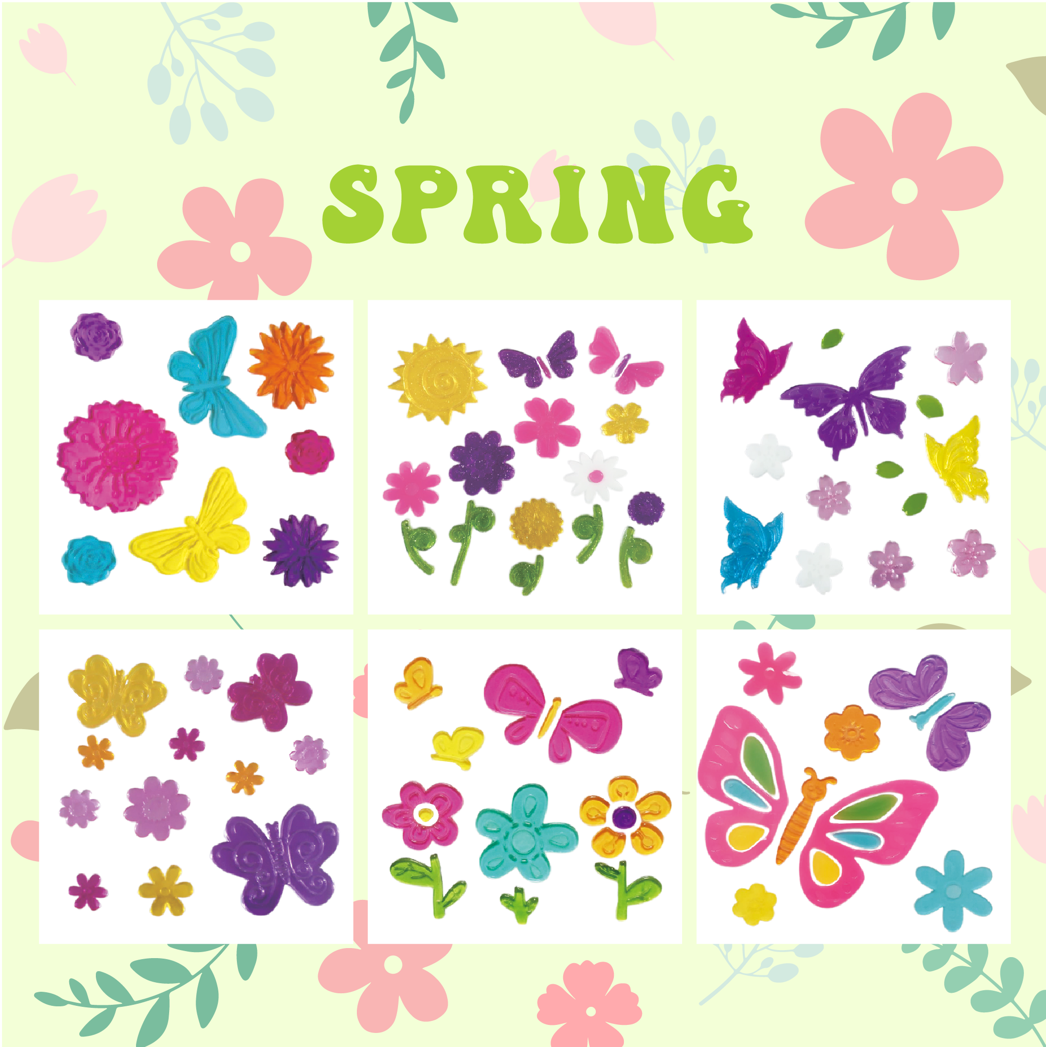 Spring Window Clings Gel, Jelly Window Stickers for Glass Refrigerators Home, Welcome Spring Window Decorations - Flowers Butterflies Bird, Kids‘ Love