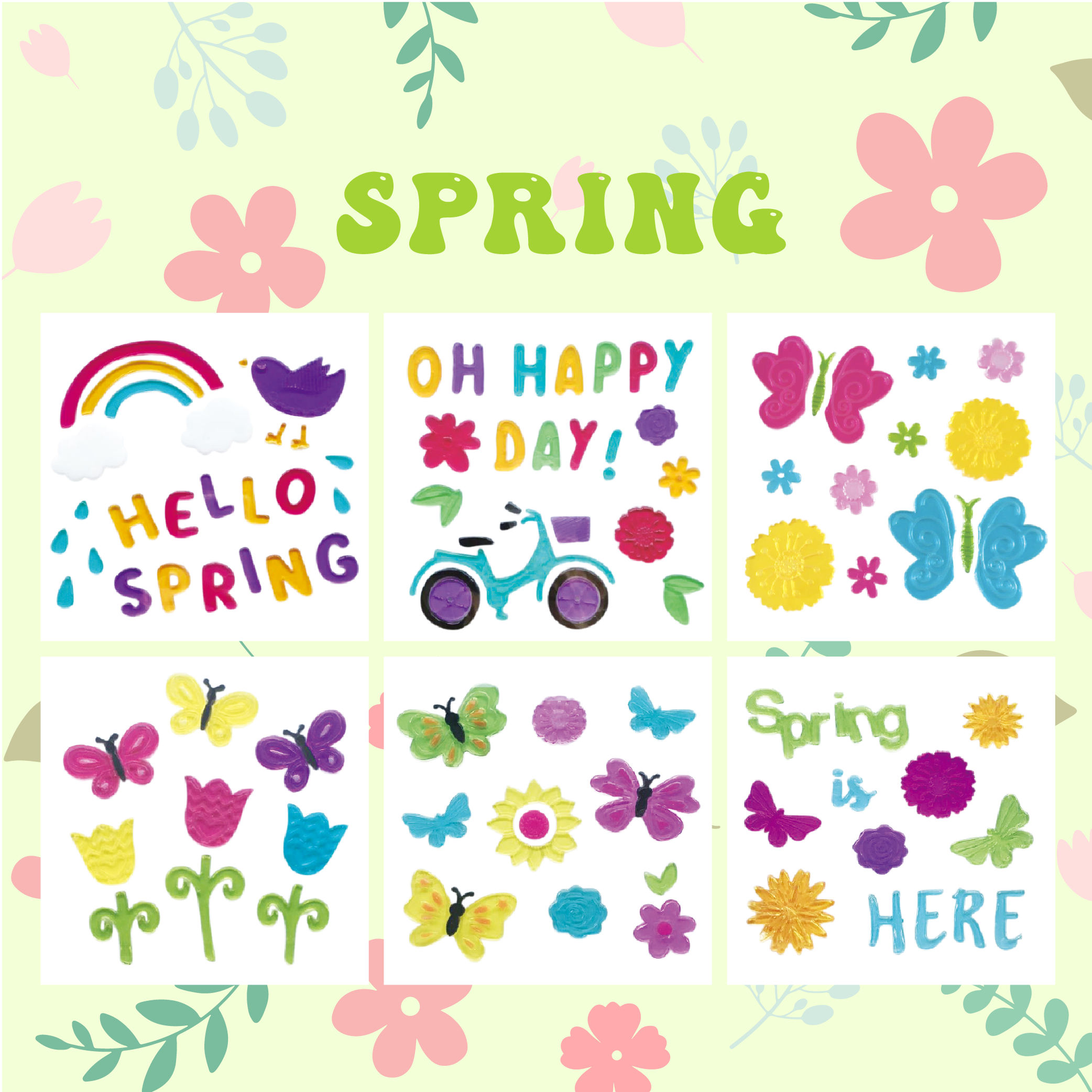 Spring Window Clings Gel, Jelly Window Stickers for Glass Refrigerators Home, Welcome Spring Window Decorations - Flowers Butterflies Bird, Kids‘ Love