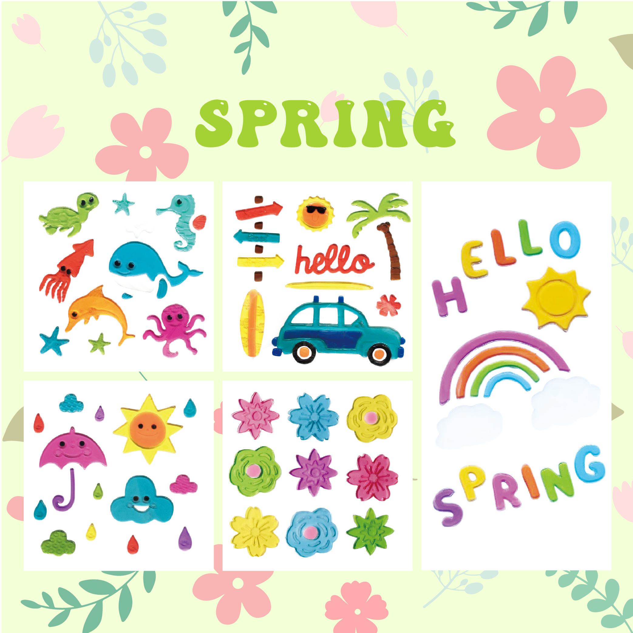 Spring Window Clings Gel, Jelly Window Stickers for Glass Refrigerators Home, Welcome Spring Window Decorations - Flowers Butterflies Bird, Kids‘ Love