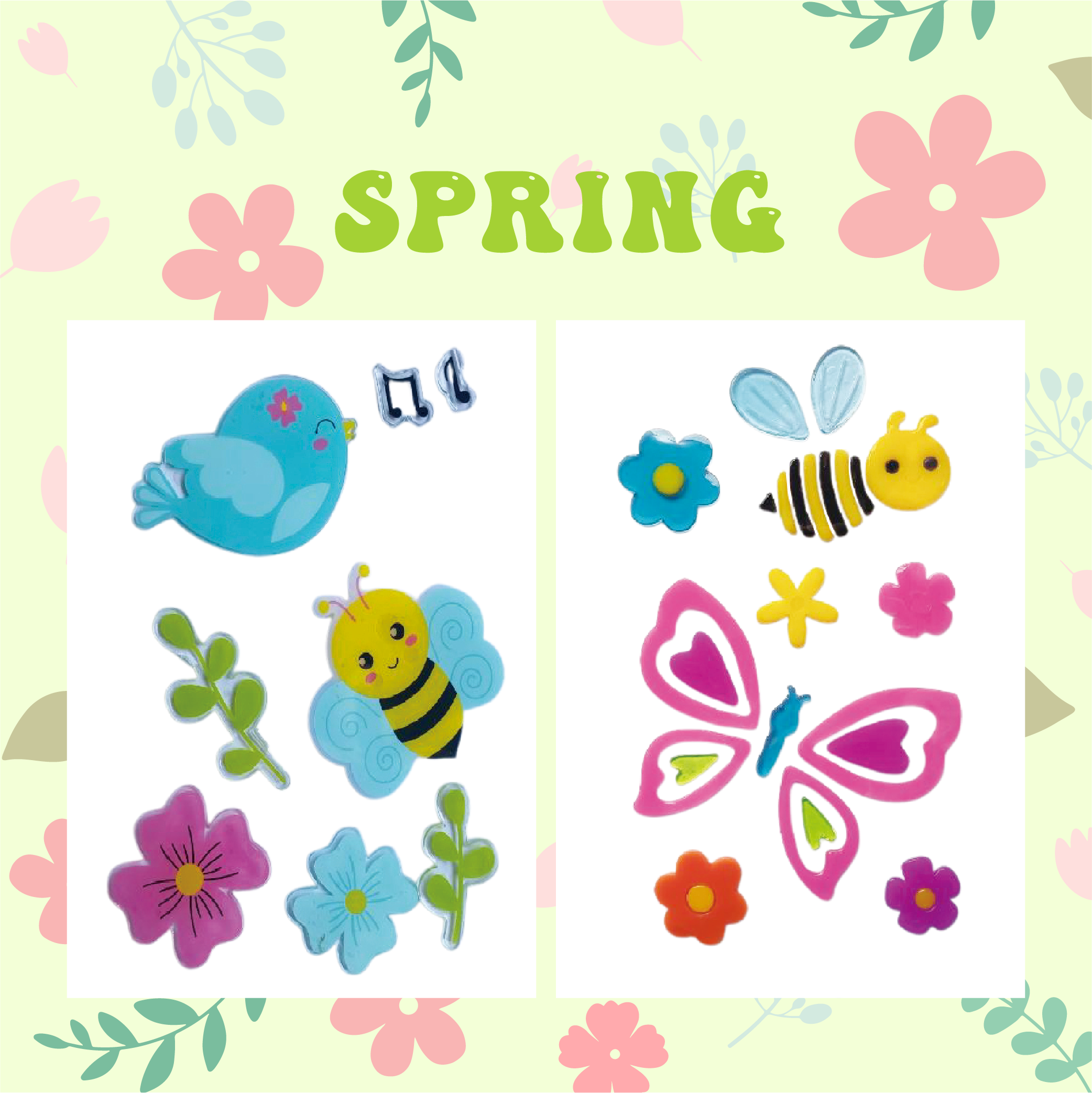 Spring Window Clings Gel, Jelly Window Stickers for Glass Refrigerators Home, Welcome Spring Window Decorations - Flowers Butterflies Bird, Kids‘ Love