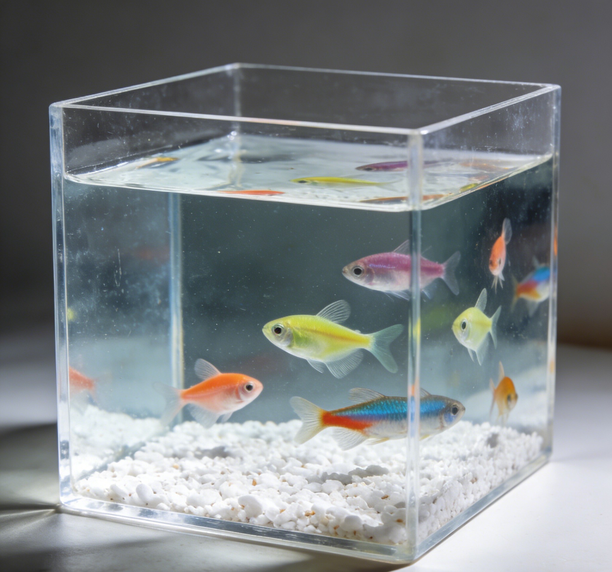High-definition acrylic cube aquarium with visible fish swimming freely
