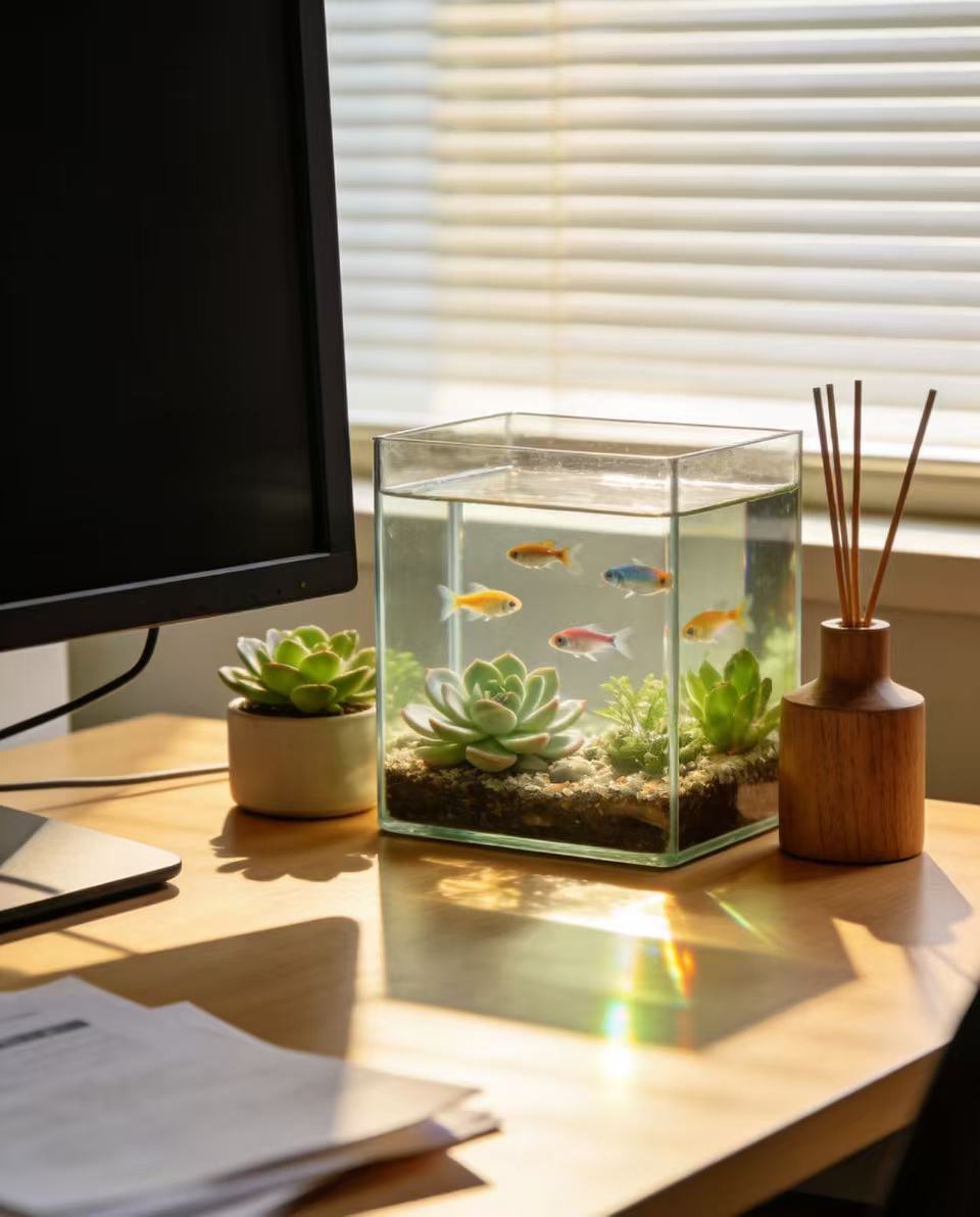 Acrylic small fish tank, office ambiance atmosphere