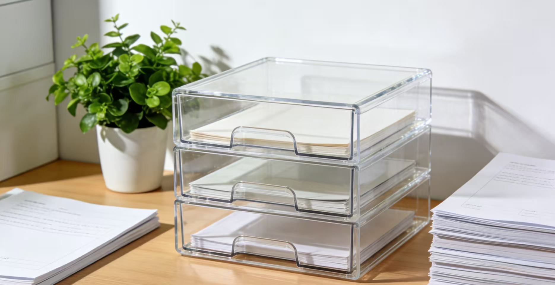 Acrylic storage keeps your desktop free from 'mountains of files'