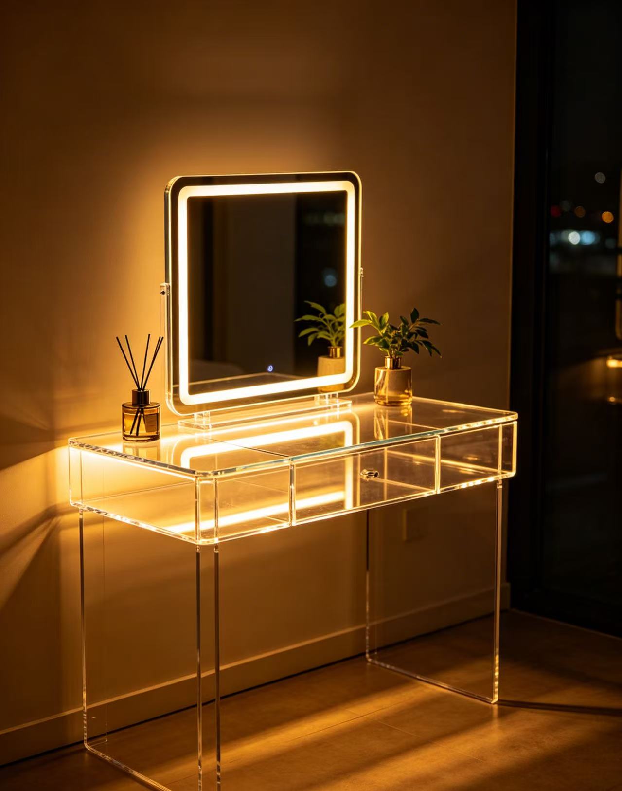 Acrylic luminous vanity table, creating a nighttime skincare ambiance