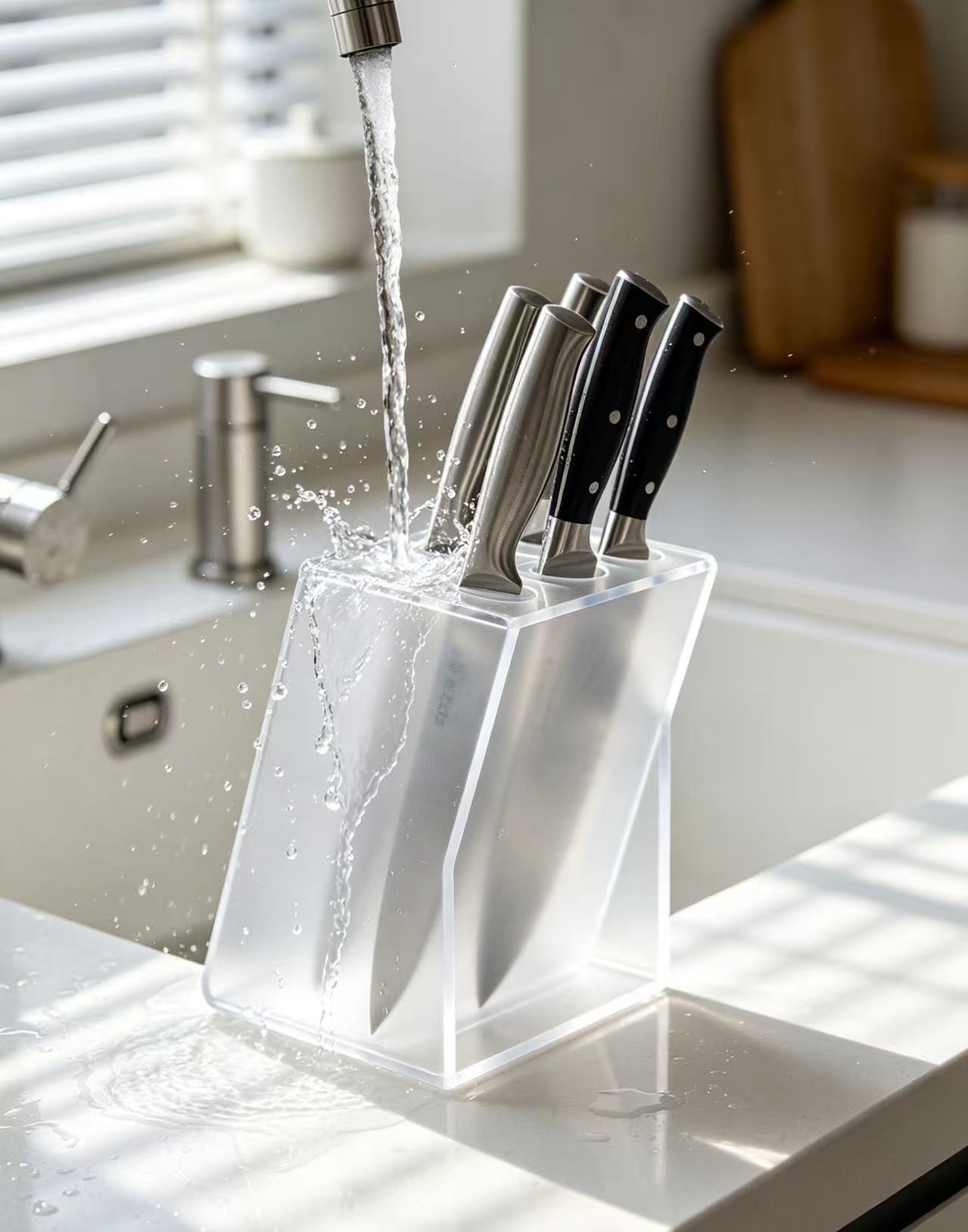 High-transparency acrylic knife holder with instant cleaning capability