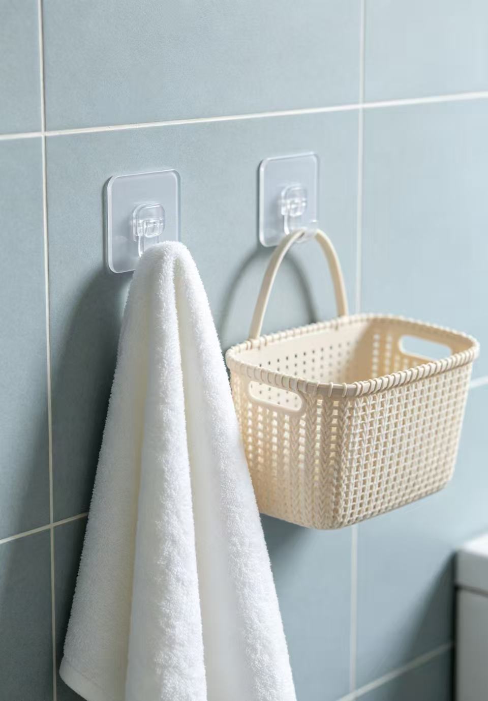 An amazing bathroom storage solution – these invisible hooks are fantastic!