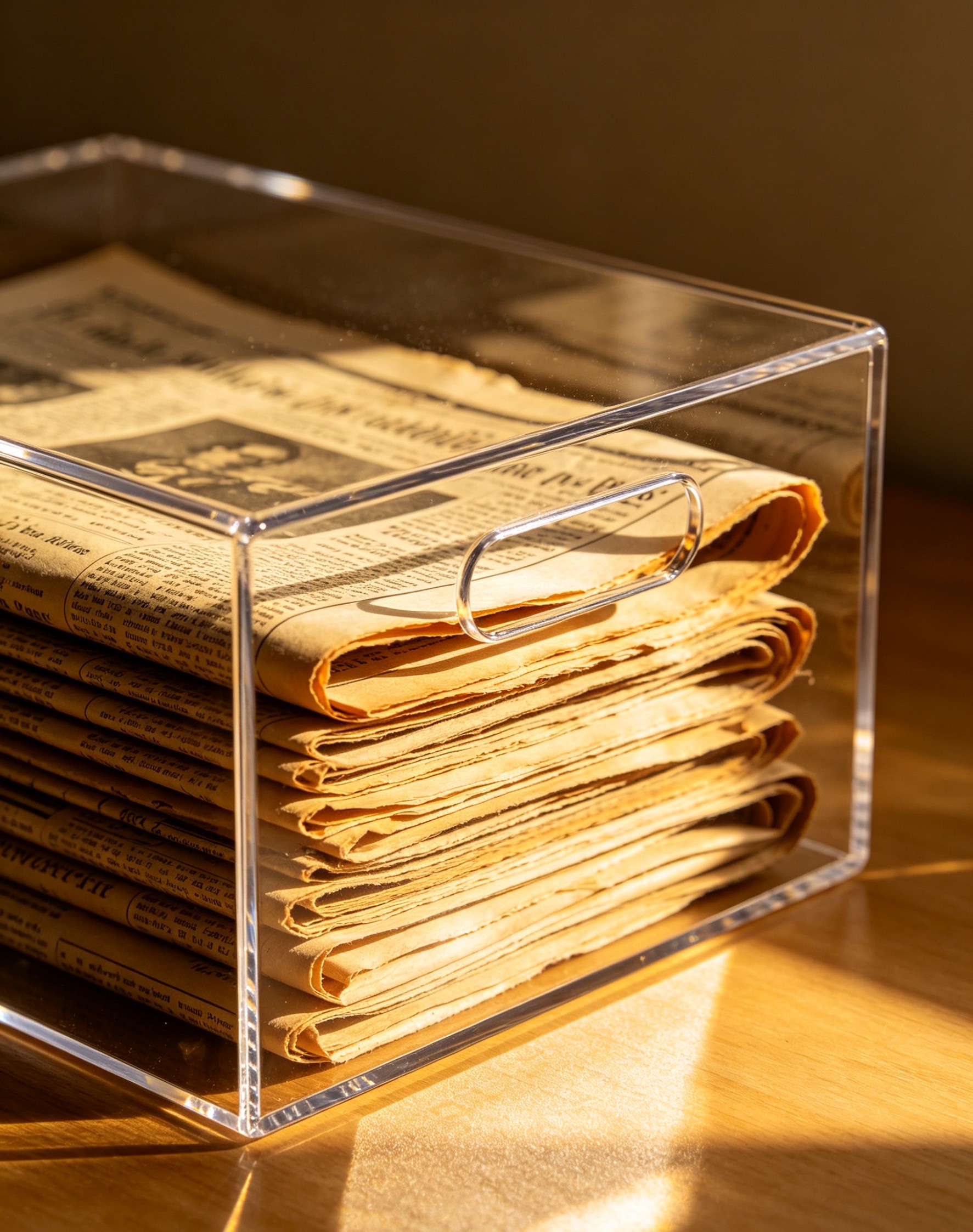 Acrylic storage box for preserving old newspapers from the past