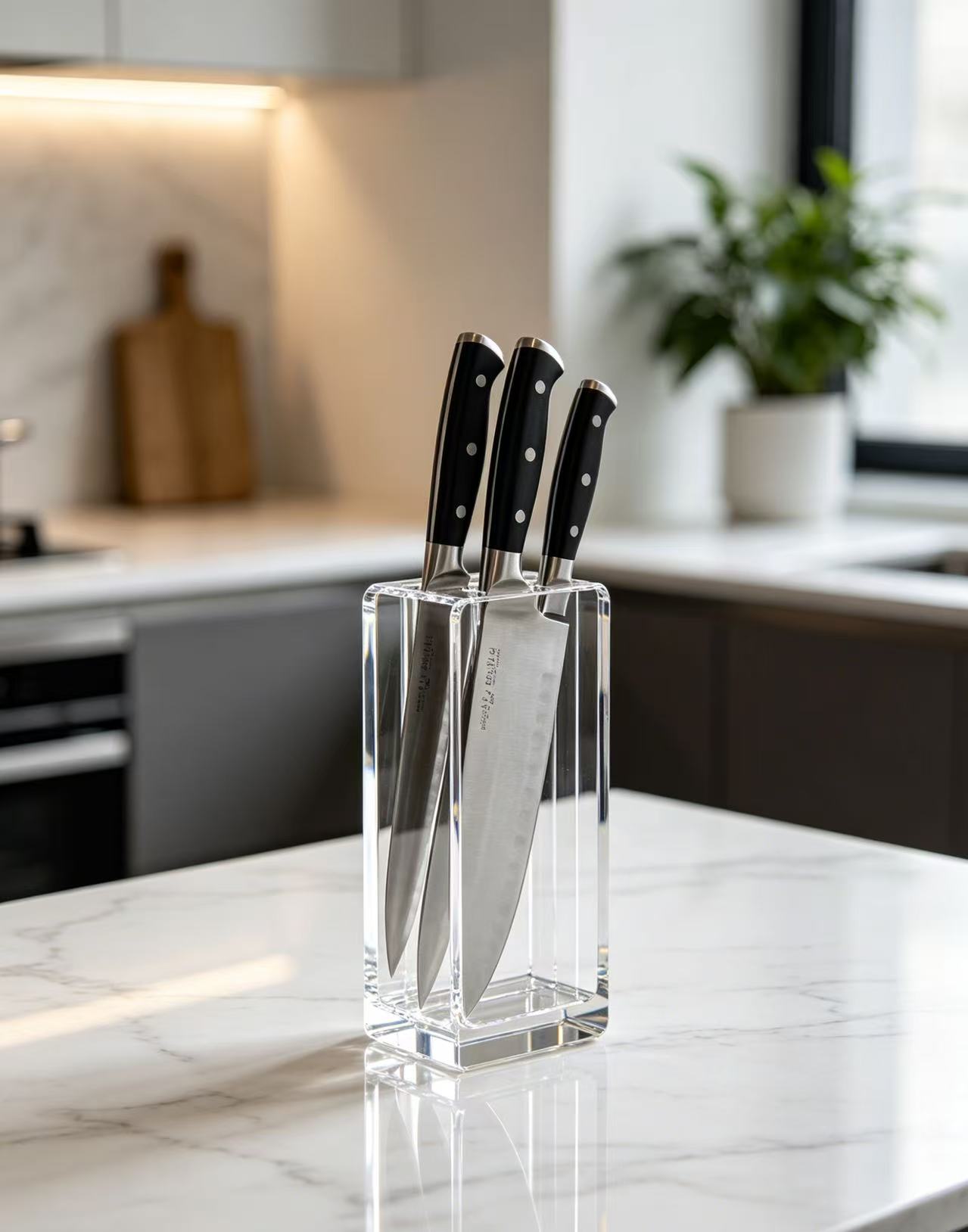 The acrylic, transparent knife holder adds a premium touch to your kitchen