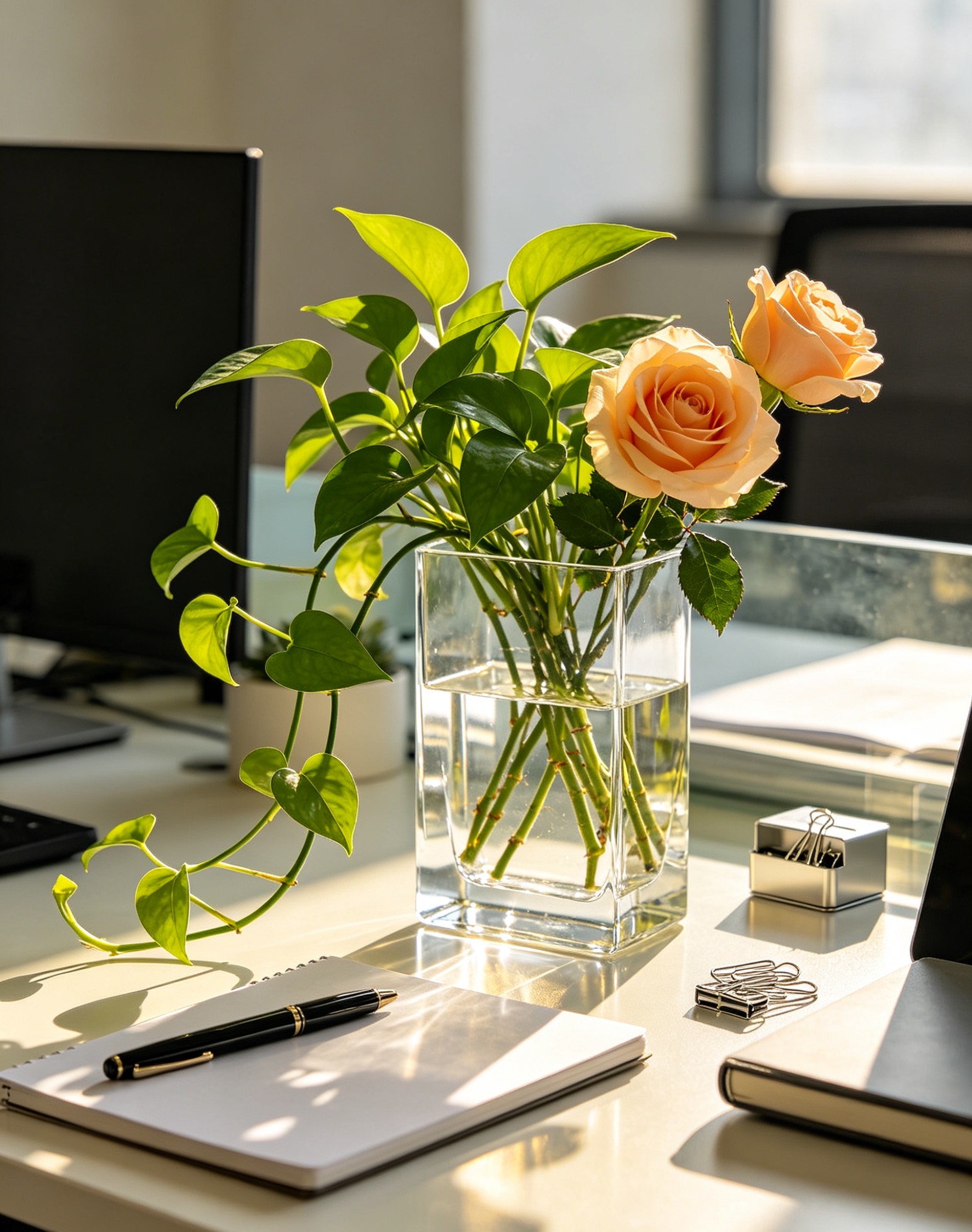 A luxury yet affordable acrylic vase adorns the workstation