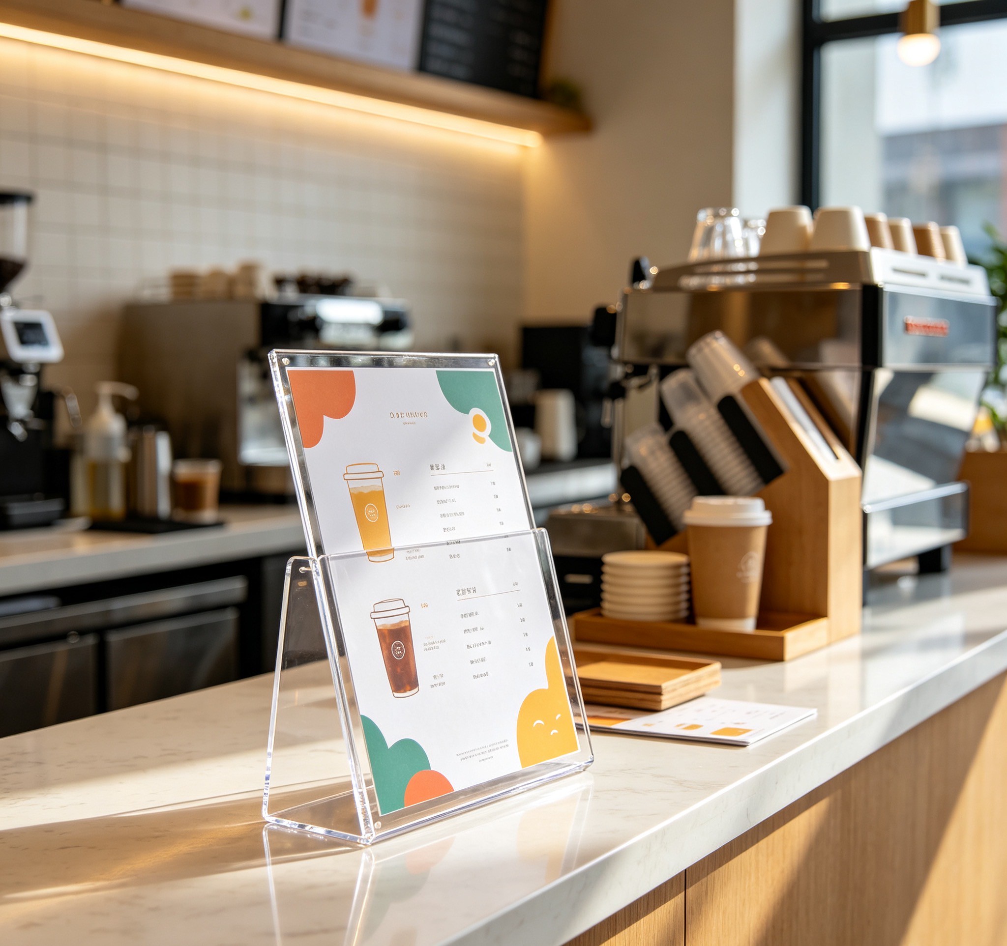 Say goodbye to the old-fashioned menu rack—the acrylic slots are much more practical