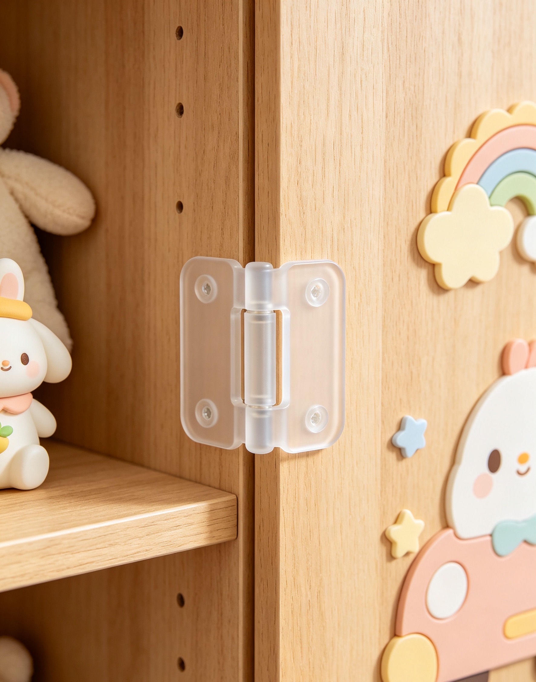 Transparent acrylic hinges – smooth and rounded design that prevents bumps, providing greater peace of mind