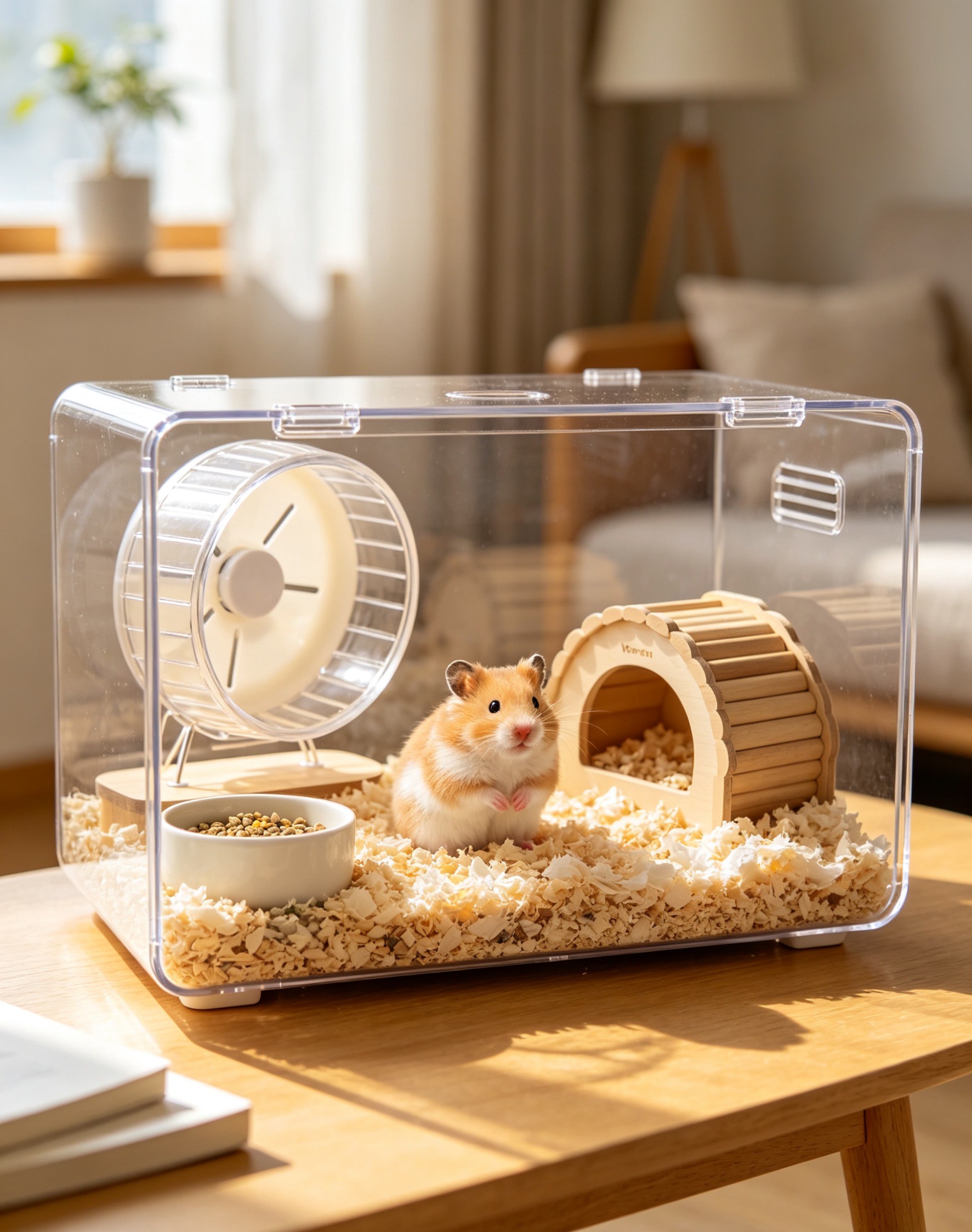 This transparent acrylic pet box provides your little pet with a comfortable new home