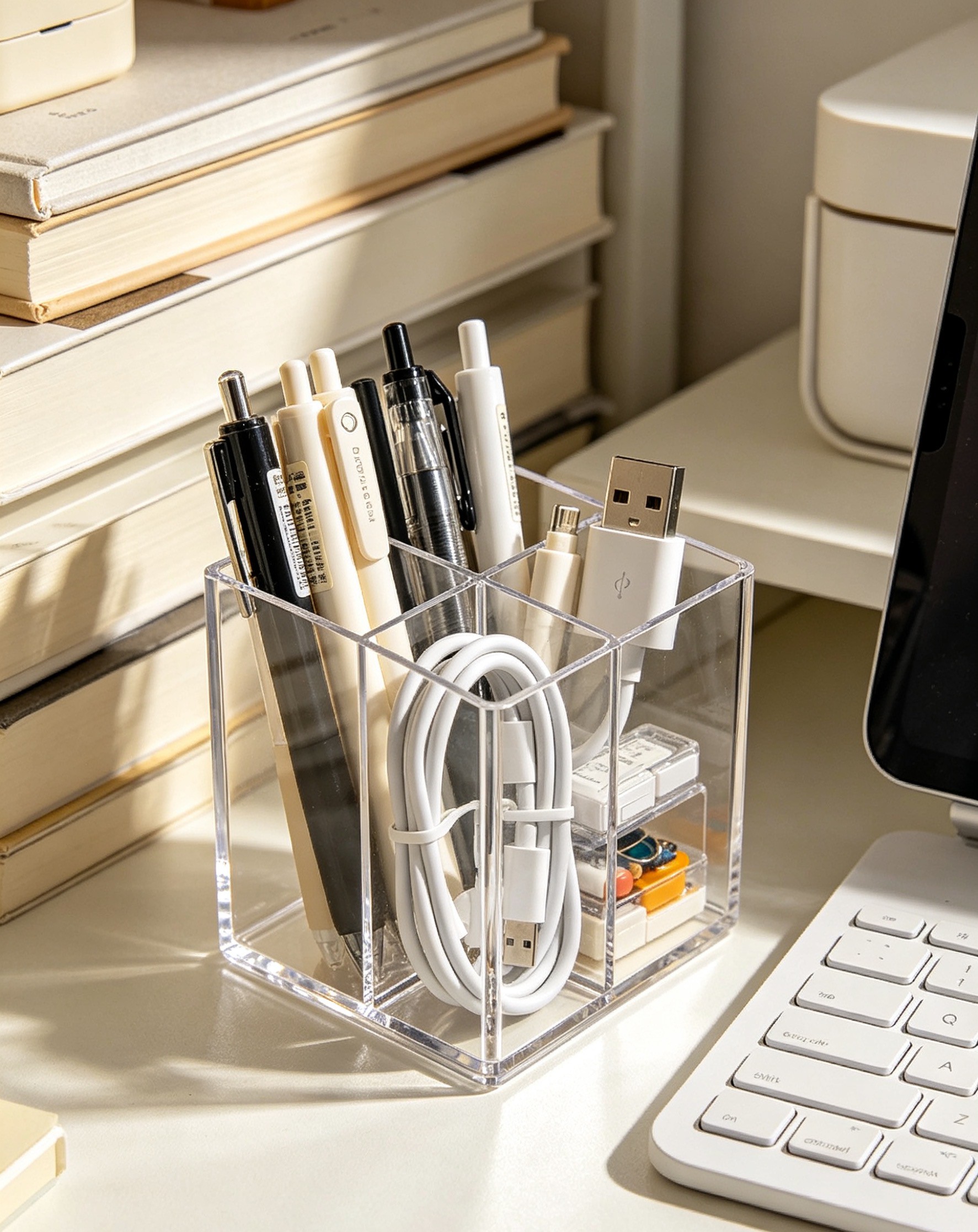 A must-have for renters! This acrylic pen holder has an incredible storage capacity