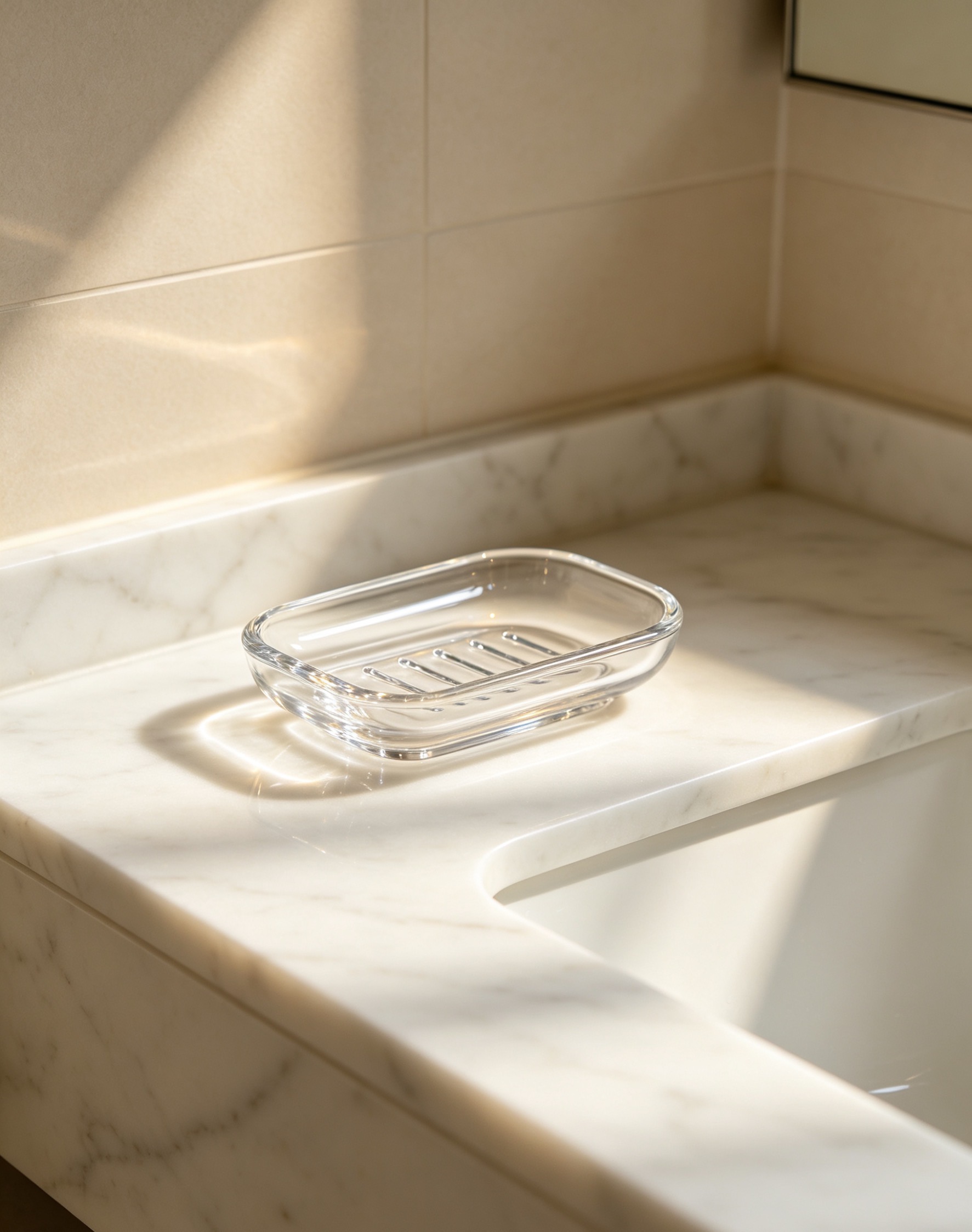 A transparent acrylic soap box that enhances the gentle, soothing atmosphere of your bathroom