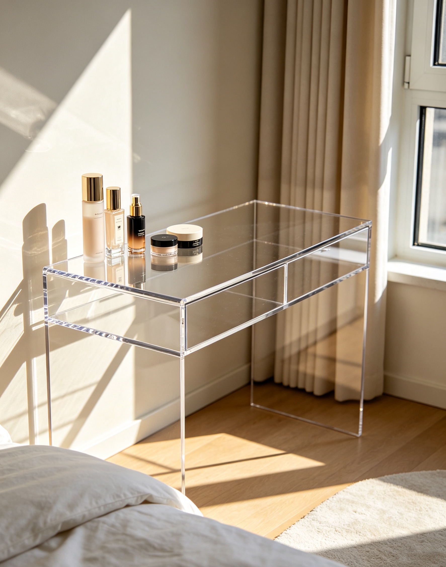 The transparent, minimalist makeup table embodies the concept of a clean and tidy home aesthetic