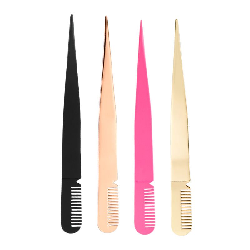 Best price pointed design eyelash tweezers stainless steel rose gold tweezers false eyelash diagonal tweezers eyebrow comb