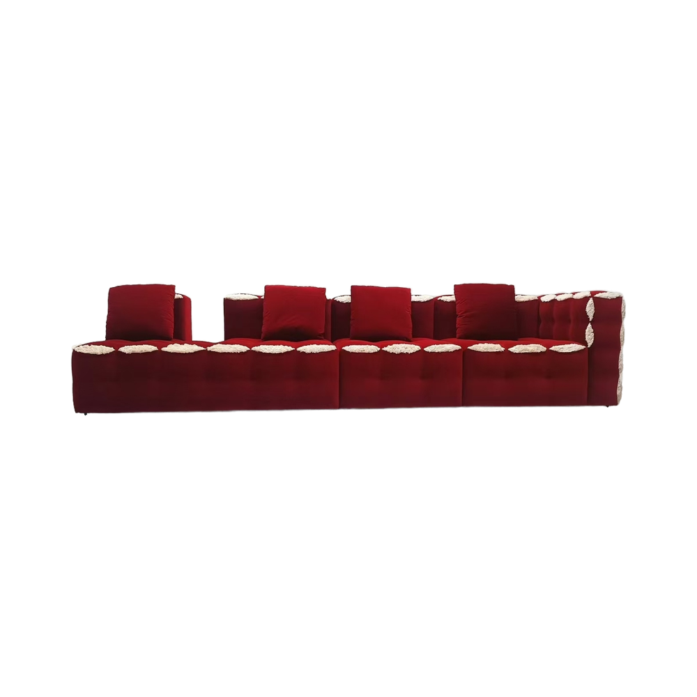 Red velvet L-shaped modern tufted sofa set with white accents, made of microfiber fabric and sponge filling, suitable for living rooms, hotels, and apartments.
