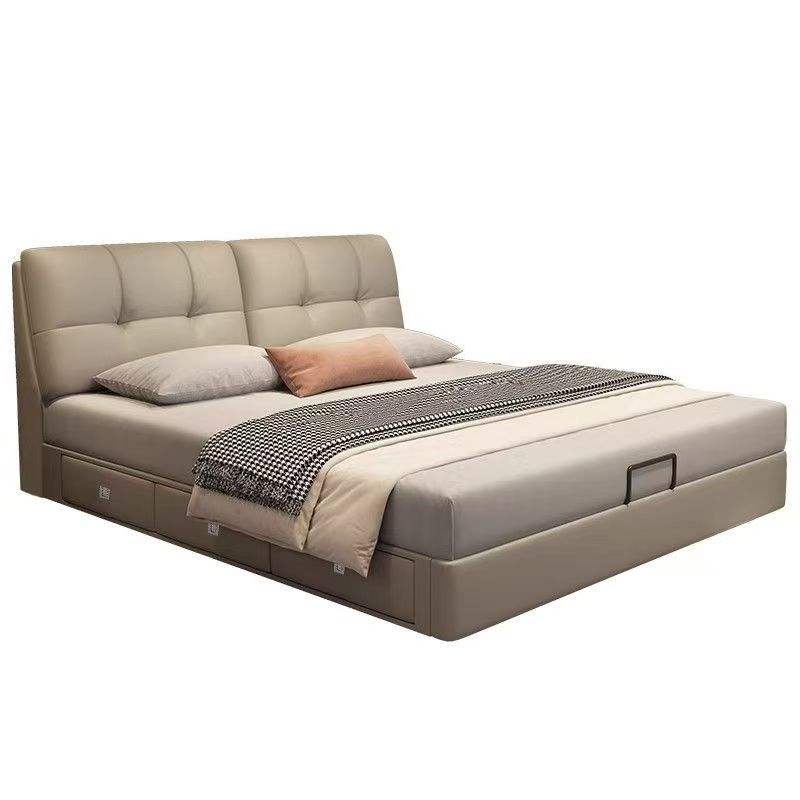 Luxury Modern Full-Size Leather and Wood Bed Frame with Soft Design, Hotel-Style Bedroom Furniture Set, Adjustable Padded Storage Features