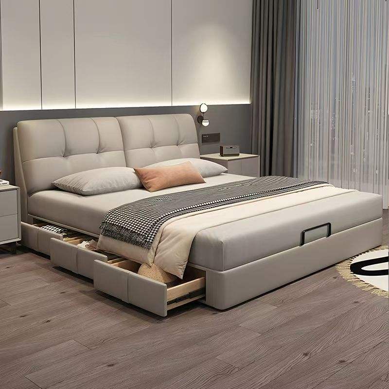 Luxury Modern Full-Size Leather and Wood Bed Frame with Soft Design, Hotel-Style Bedroom Furniture Set, Adjustable Padded Storage Features