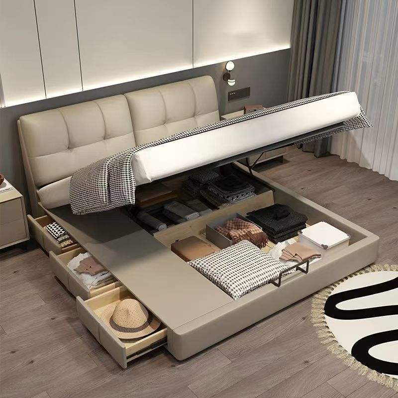 Luxury Modern Full-Size Leather and Wood Bed Frame with Soft Design, Hotel-Style Bedroom Furniture Set, Adjustable Padded Storage Features