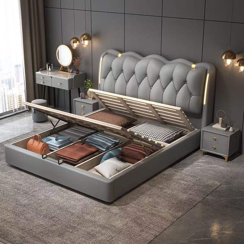 Modern upholstered soft bed with backrest storage, suitable for bedrooms or hotel apartments made in China, Xingjie brand