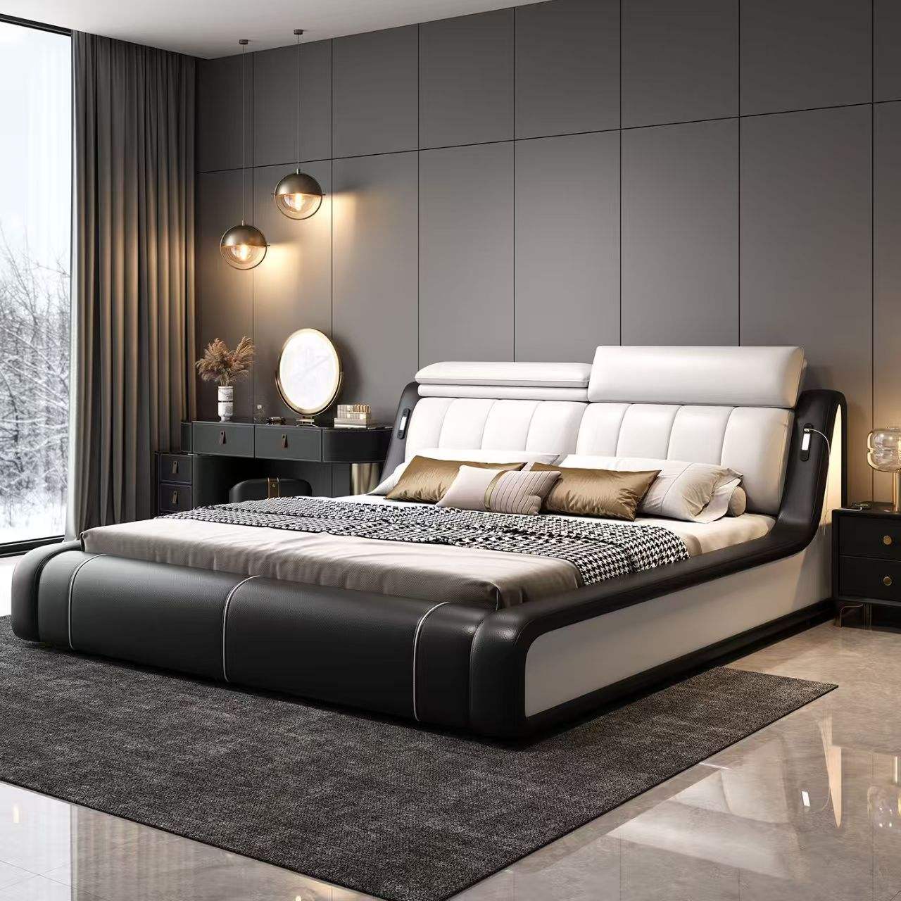 European-style modern leather king-size upholstered bed with storage, convertible and extendable wooden frame bedroom set