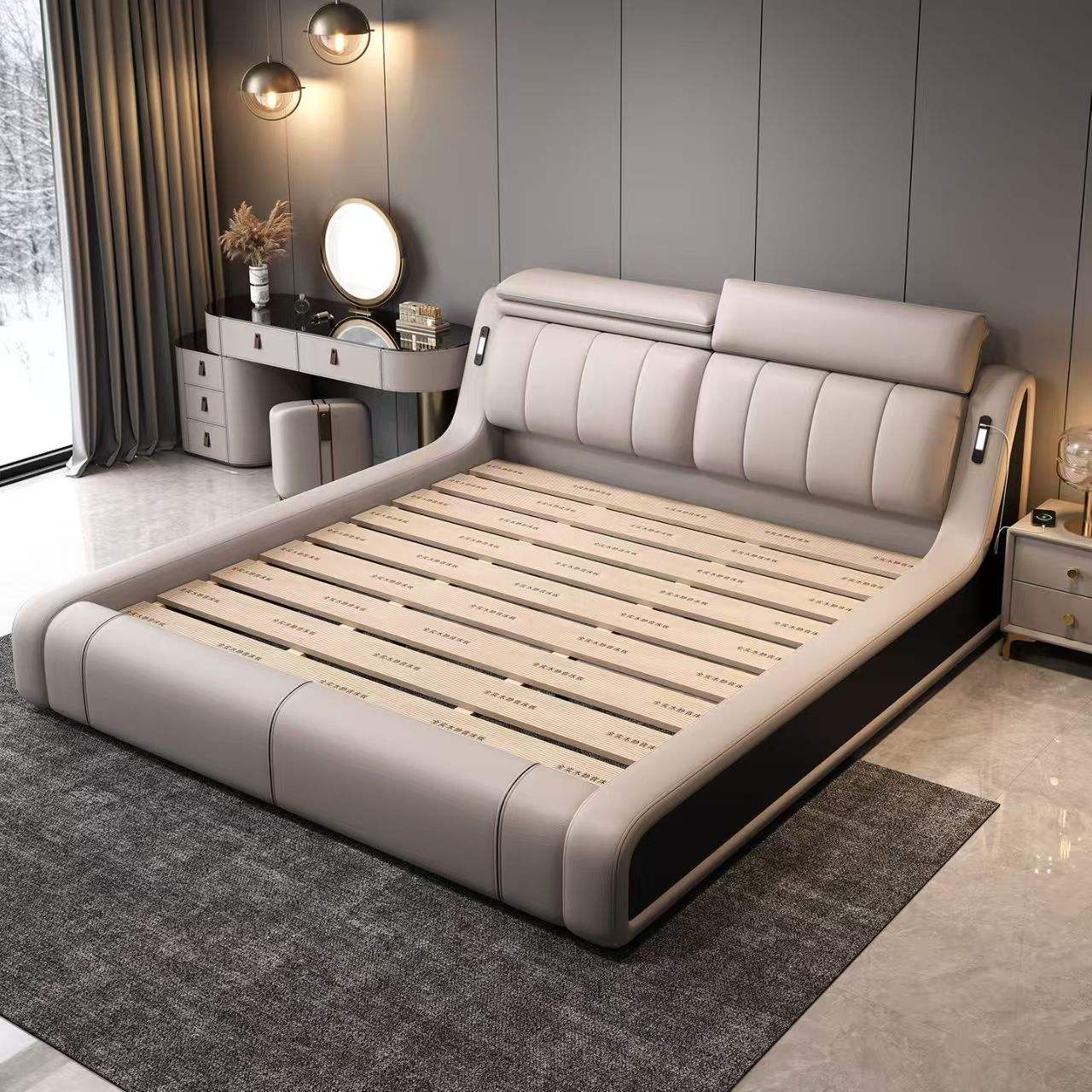 European-style modern leather king-size upholstered bed with storage, convertible and extendable wooden frame bedroom set