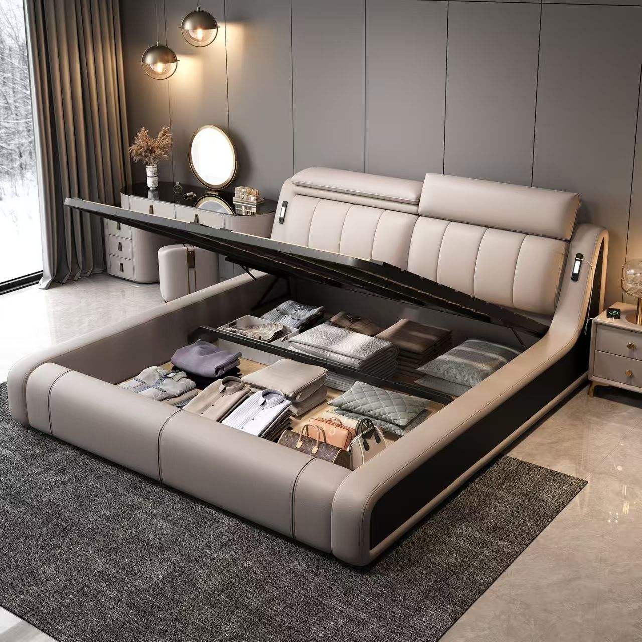 European-style modern leather king-size upholstered bed with storage, convertible and extendable wooden frame bedroom set