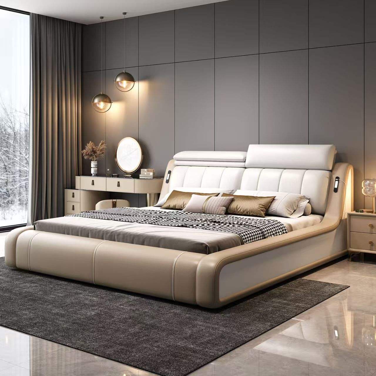 European-style modern leather king-size upholstered bed with storage, convertible and extendable wooden frame bedroom set