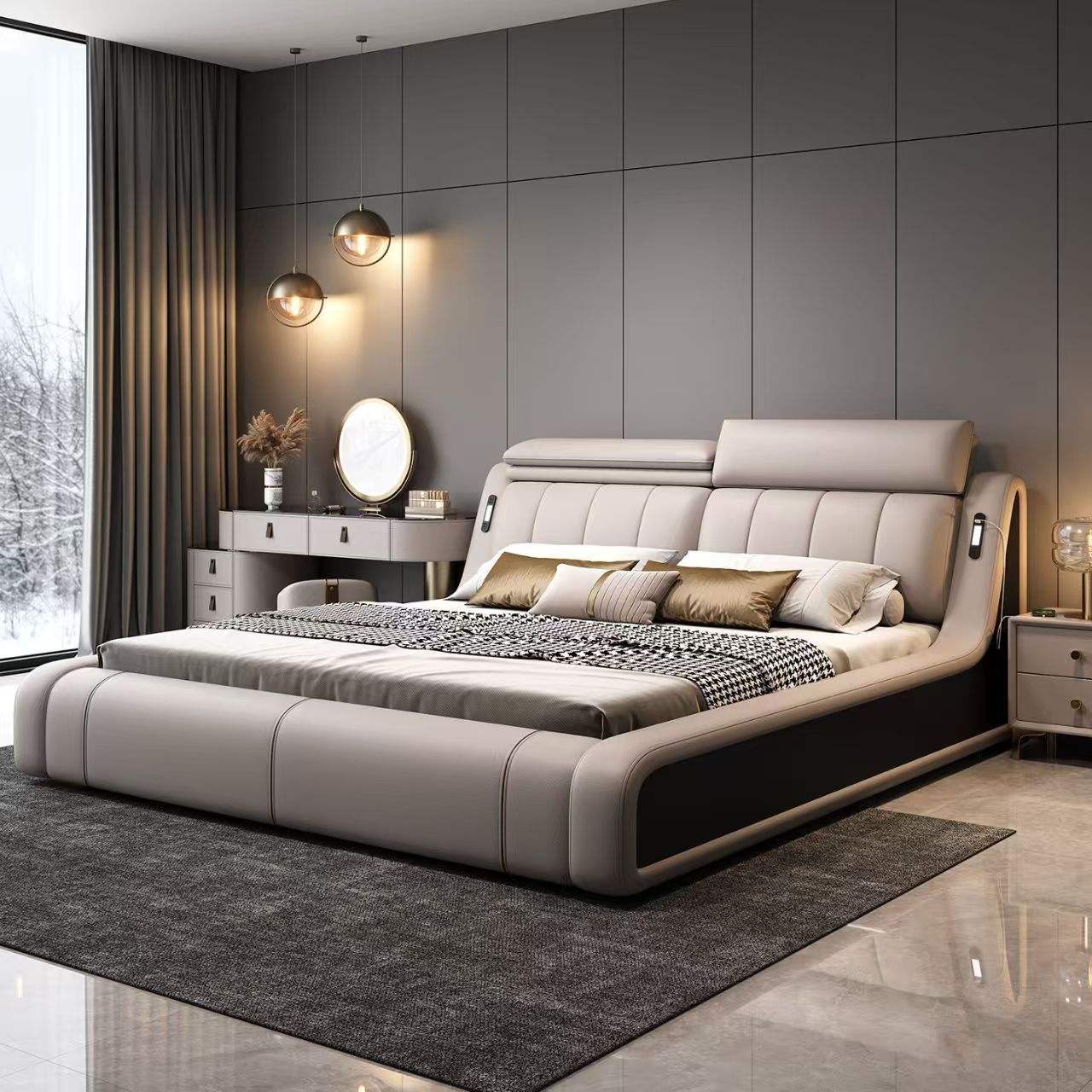 European-style modern leather king-size upholstered bed with storage, convertible and extendable wooden frame bedroom set